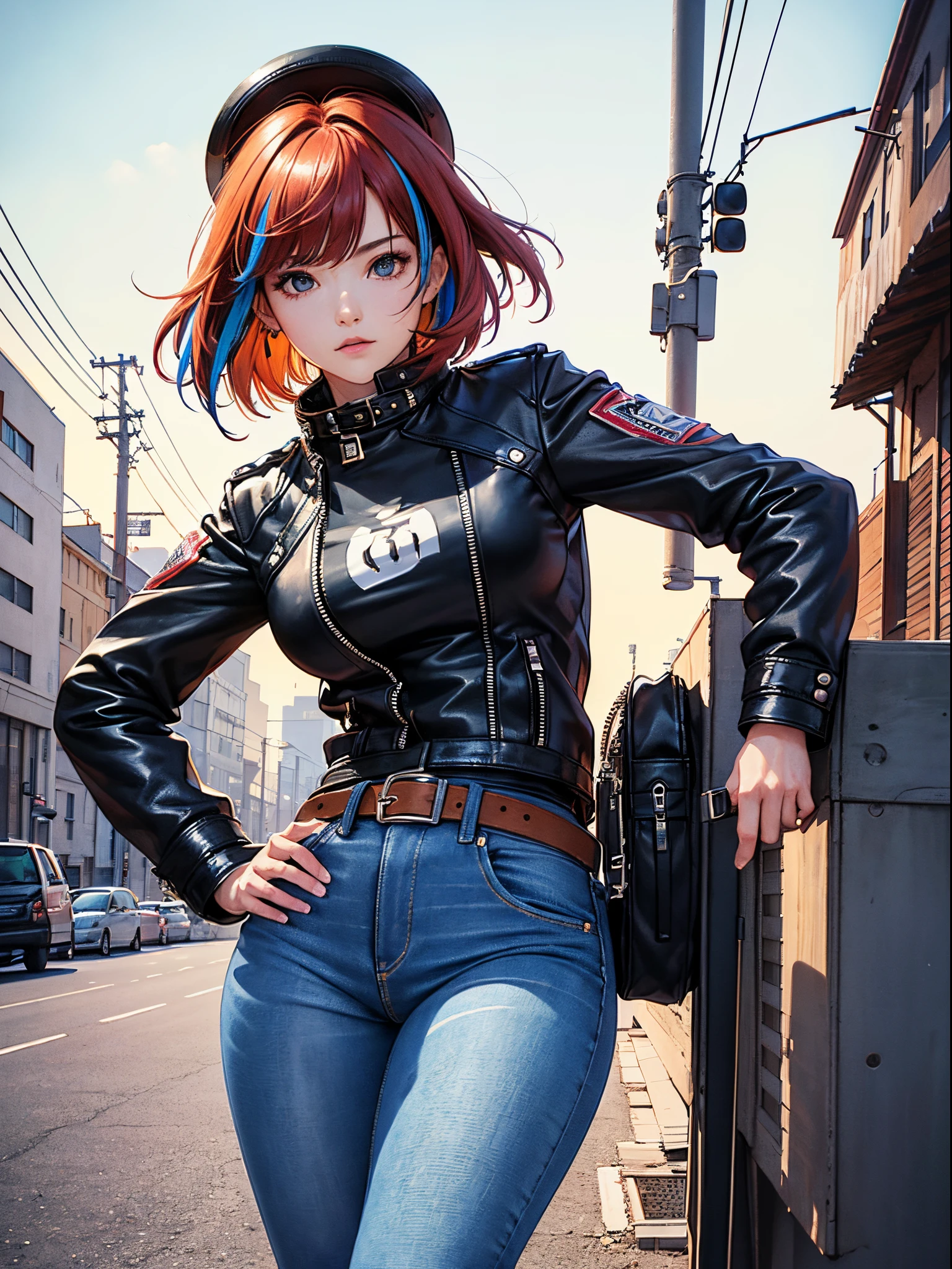 Vibrant colors、((​masterpiece)))、(((top-quality)))、((ultra-detailliert))、(A hyper-realistic)、(highly detailed CGillustration）、Official art、CD cover、urban art district、It will be、Mid summer、Stylish、glorious 1980s、Cool Beauty、cochetti gorgeous、matchless beauty、multicolored hair、Rock 'n' Roller、leather jackets、Tight jeans、Female Solo、Perfect Angle、perfect-composition