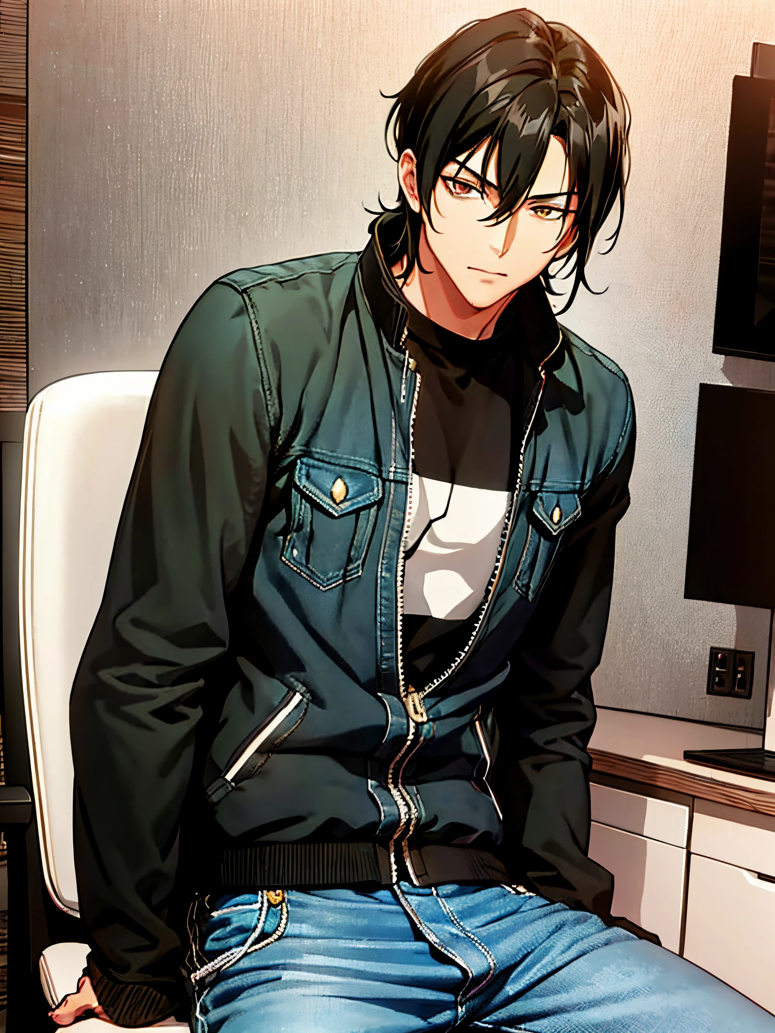 Handsome guy, levi ackerman eyes, cat eyelids shape, black hair, mullet x wolf cut hairstyle, wearing a denim jacket, gaming room background, neon room, sitting on gaming chair, full body.