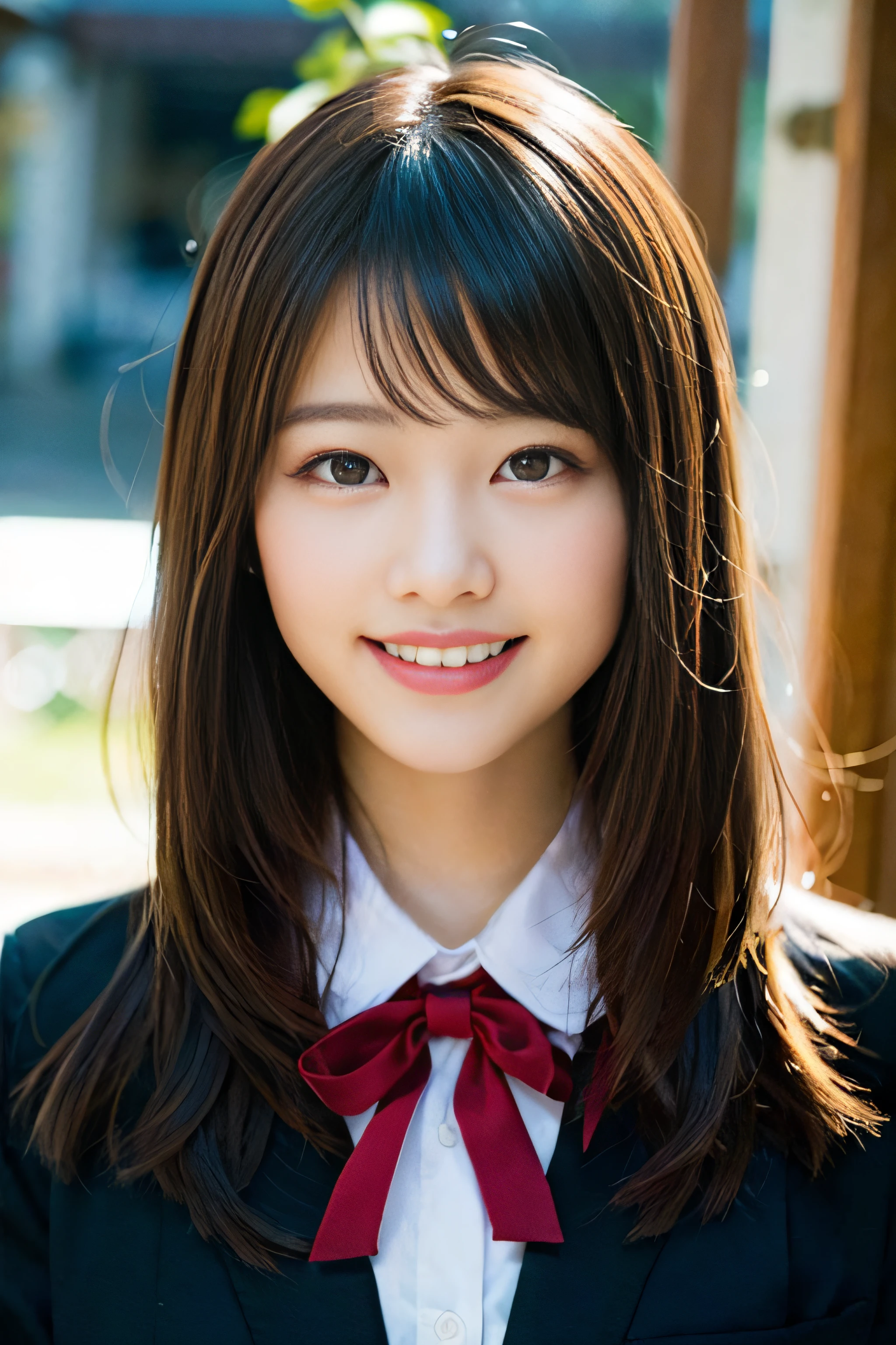 (8K、Raw photography、top-quality、masterpiece:1.2)、(realisitic、Photorealsitic:1.37)、ultra-detailliert、超A high resolution、1人、see the beholder、beautifull detailed face、A smile、Constriction、(Slim waist) :1.3)、Beautiful detailed skin、Skin Texture、Floating hair、Professional Lighting、Whole human body、Longhaire、a blond、japanese hight school uniform、hi-school girl、School route、Snow is piled up、Red ribbons、Bob Hair、Happy smile、Childish smile、Suppin