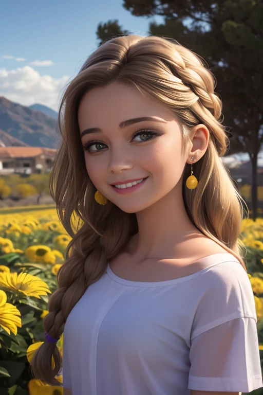 (realista: 1.4), mejor calidad, ultra-high-resolution, 4k, Foto para redes sociales , Gafas con lente plateada, Detalles intrincados , Altamente detallado, A 14-year-old girl , very light brown hair with braid , Cabello largo , franja, todo muy detallado , Sonriente , alto contraste , Anoitecendo , Background flowers falling behind her , HDR , cinematographic image , senos medianos, viste playera amarilla de manga corta , playera amarilla , falda azul plisada , falda azul , linda sonrisa , maquillaje ,ojos brillantes , jardin , fiesta , noche