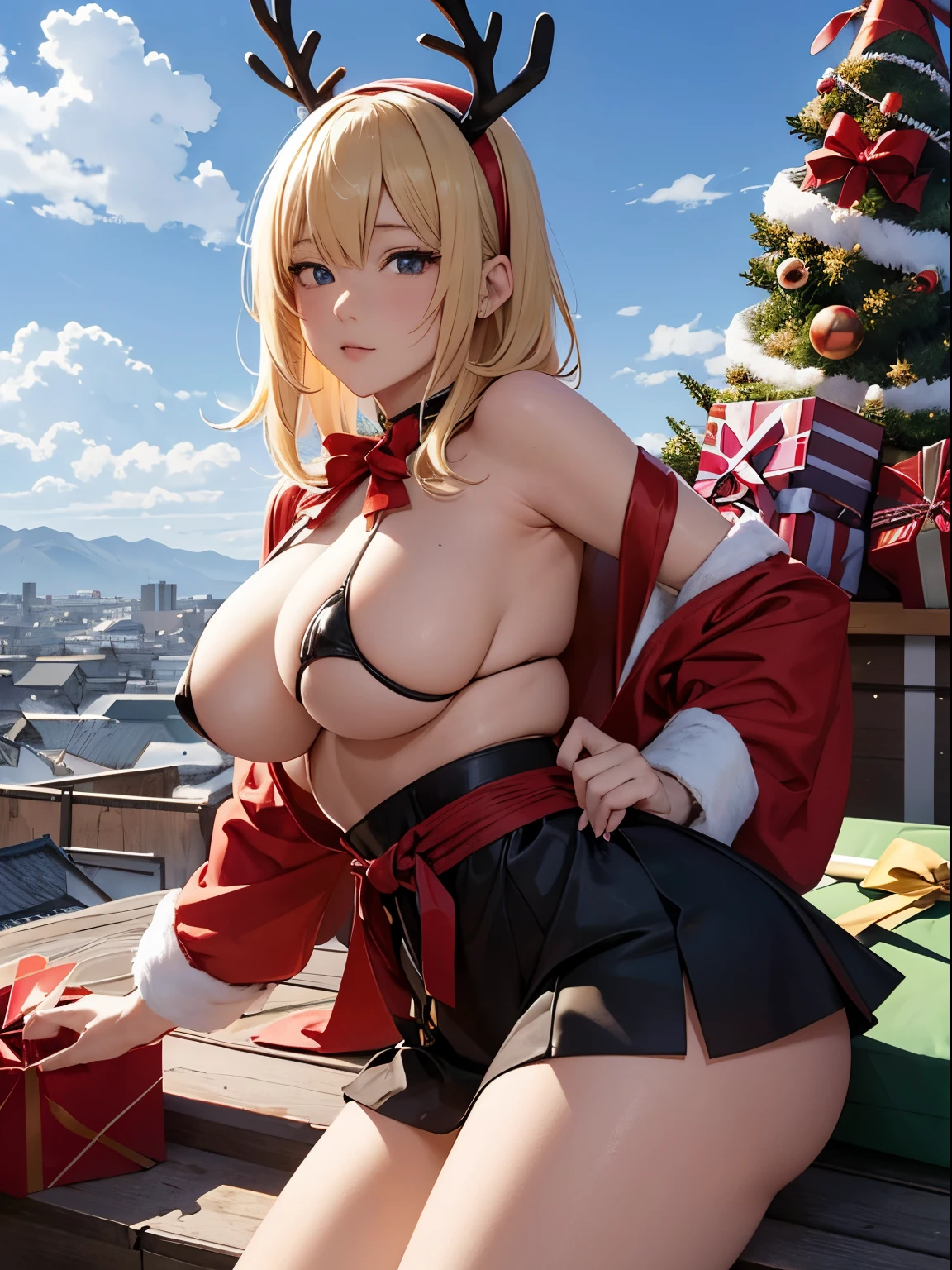 Nanae Haruno, George Barbier, Surreal, mysterious, bizarre, fantastical, fantasy, Sci-fi, Japanese anime, Alice, a beautiful blonde miniskirt girl in a Santa costume, perfect voluminous body, on the roof, thinking about going in through the chimney to hand out presents. Big tits big ass may not fit through chimney, sexy erotic provocative, comical, Next to her is a sleigh pulled by reindeer and a pile of presents, detailed masterpiece