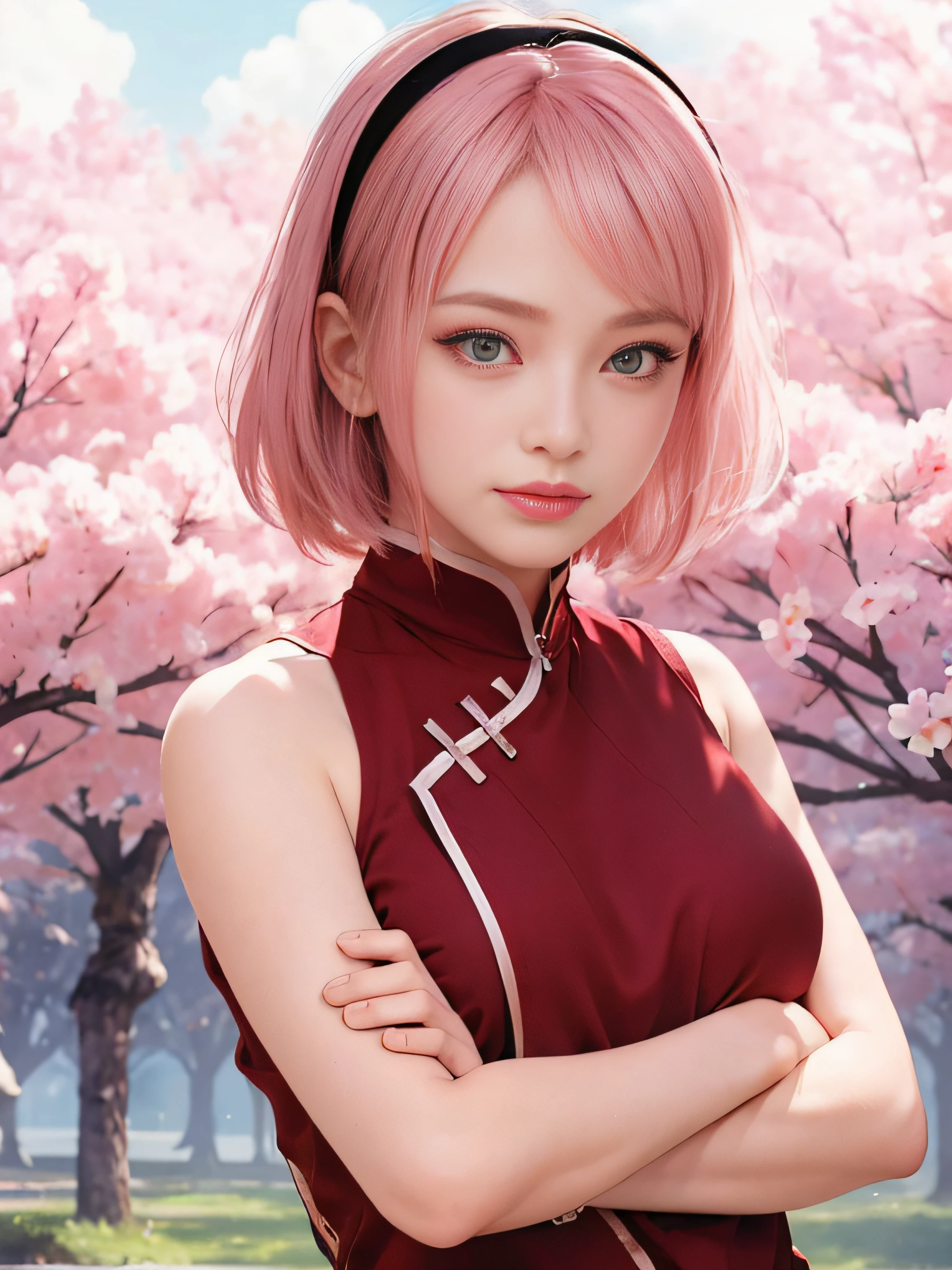 masterpiece, best quality, (realistic, photo-realistic:1.4), (RAW photo:1.2), extremely detailed CG unity 8k wallpaper, delicate and beautiful, amazing, finely detail, official art, absurdres, incredibly absurdres, huge filesize, ultra-detailed, extremely detailed, extremely detailed girl, extremely detailed eyes and face, light on face,little smiles,short hair,pink hair,green eyes,outdoor,garden,black hairband