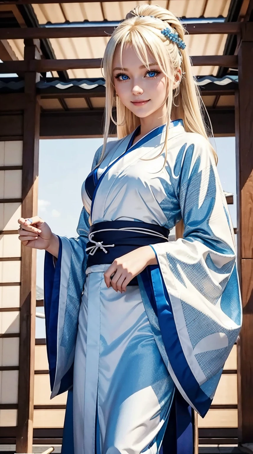 25-year-old Caucasian woman、platinum-blonde、blue eyess、Semi-long、tying up hair、a smile、I don&#39;t want my head to disappear from the screen.、Tying hair、wearing kimonos、standing in Kyoto