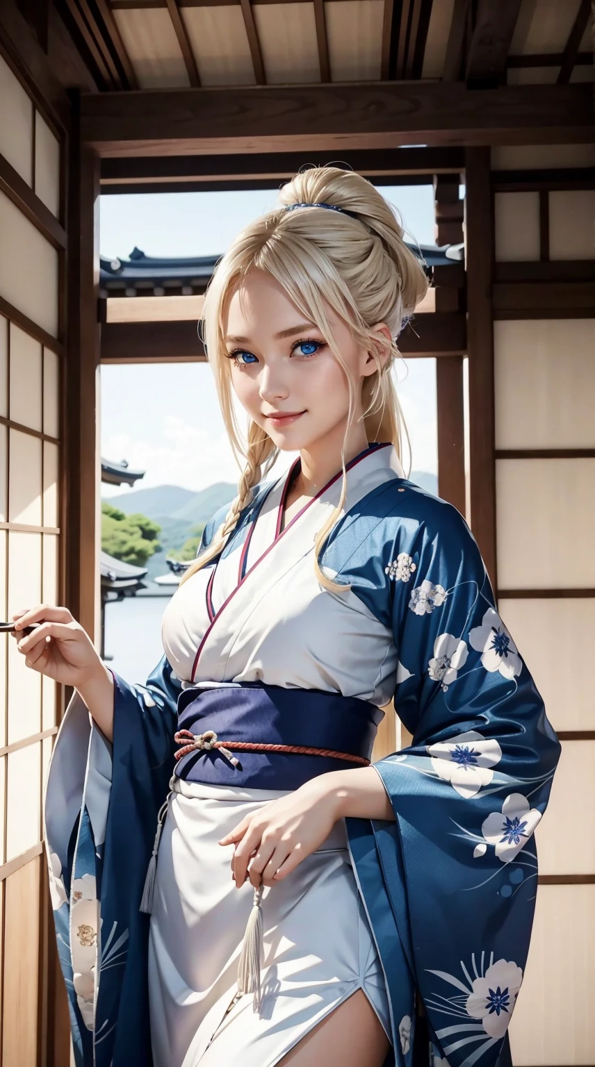 25-year-old Caucasian woman、platinum-blonde、blue eyess、Semi-long、tying up hair、a smile、I don't want my head to disappear from the screen.、Tying hair、wearing a kimono with a cherry blossom pattern、standing in Kyoto、She wears Japanese hair ornaments in her hair.、huge tit