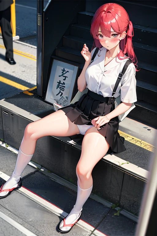 Lift the hem of the skirt、Woman showing underwear in embarrassment、校服、blushed face、White underwear、Panchira,Department of Landmines