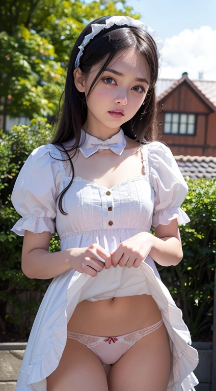 (masutepiece, Best Quality:1.2), 8K, 85 mm, Official art, Raw photo, absurderes, A dark-haired,Ahe-face (Blue eyes, ta Fashion, sweetlolita, Gothic, Dress:1.2), Idol face, Upper body, Beautiful Girl, gardeniass, Copenhagen, Short sleeve, Elegance, Sophisticated, gardenia, Film grain, chromatic abberation, Sharp Focus, face lights, Dynamic lighting, Cinematic lighting,(( red blush、embarassed expression, Look away、Looking down in embarrassment:1.2))、(((tucking up the skirt、White panties are visible、Sujiman、slit)))、