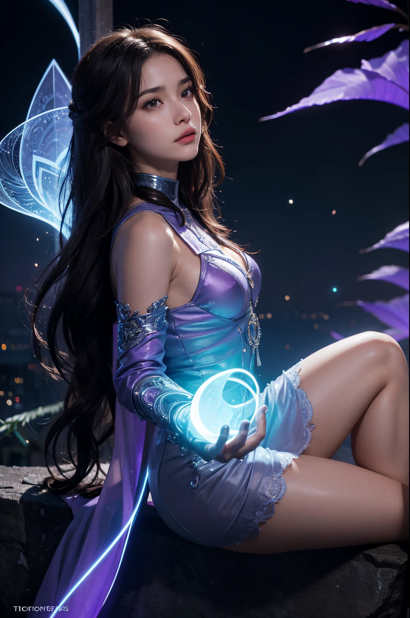 fractal, (ambientlighting:1.2), (Volumetriclighting:1.2), (finely detailled:1.1), realisticlying, depth of fields,
1 girl, Adult Ukrainian woman,  With gray eyes, medium brown wavy hair,  
Focus on character, Alone, (Style swirl magic:0.8), Alone, From the side Side, Side view, half shot,  详细的脸,webbedtech theme solar magician,(glowing light eyes:1.1),(fearless courage,:1.05),perched on a ledge,mantle,Harnessing ethereal energy lines,Mind-fusion devices that enhance cognitive abilities,(Simple purple background:1.0),