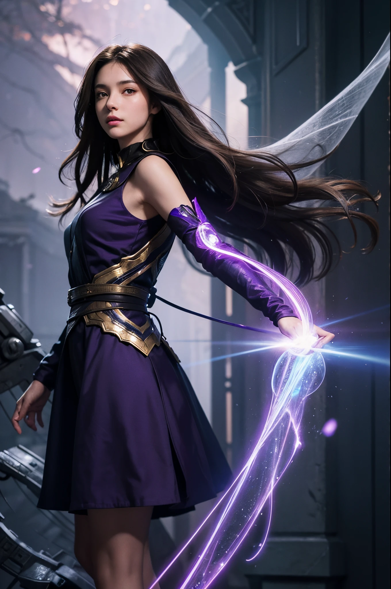 fractal, (ambientlighting:1.2), (Volumetriclighting:1.2), (finely detailled:1.1), realisticlying, depth of fields,
1 girl, Adult Ukrainian woman,  With gray eyes, medium brown wavy hair,  
Focus on character, Alone, (Style swirl magic:0.8), Alone, From the side Side, Side view, half shot,  详细的脸,webbedtech theme solar magician,(glowing light eyes:1.1),(fearless courage,:1.05),perched on a ledge,mantle,Harnessing ethereal energy lines,Mind-fusion devices that enhance cognitive abilities,(Simple purple background:1.0),