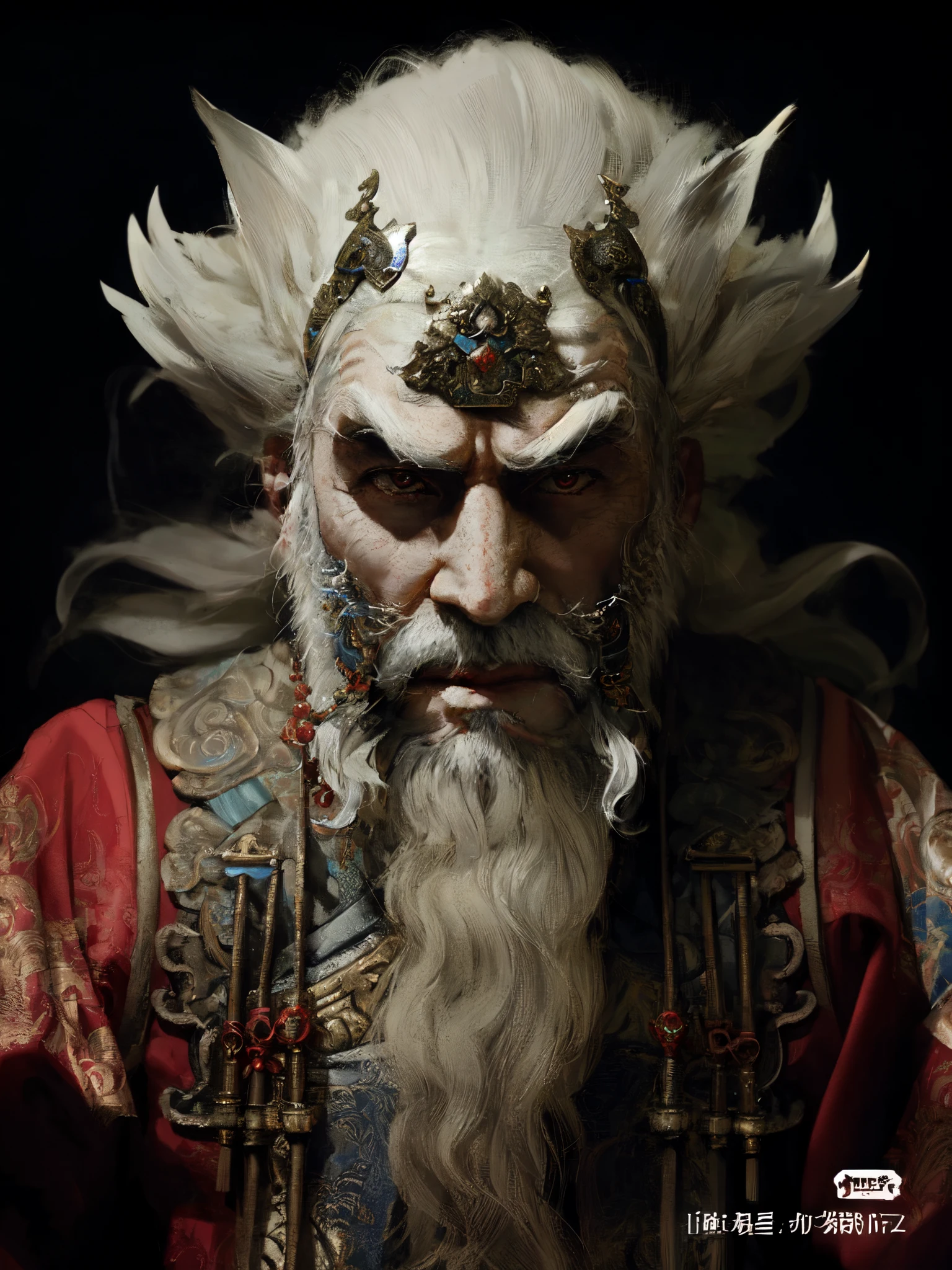 Close-up of a man with white beard and white face, hyper-detailed fantasy character, Inspired by Hu Zaobin, zbrush central selection, inspired by Wu Daozi, asura from chinese myth, Trending on zbrush Central, Zbrush art, ZBrush Central Competition Champion, Tengu mask, Qi Gong, japanese god