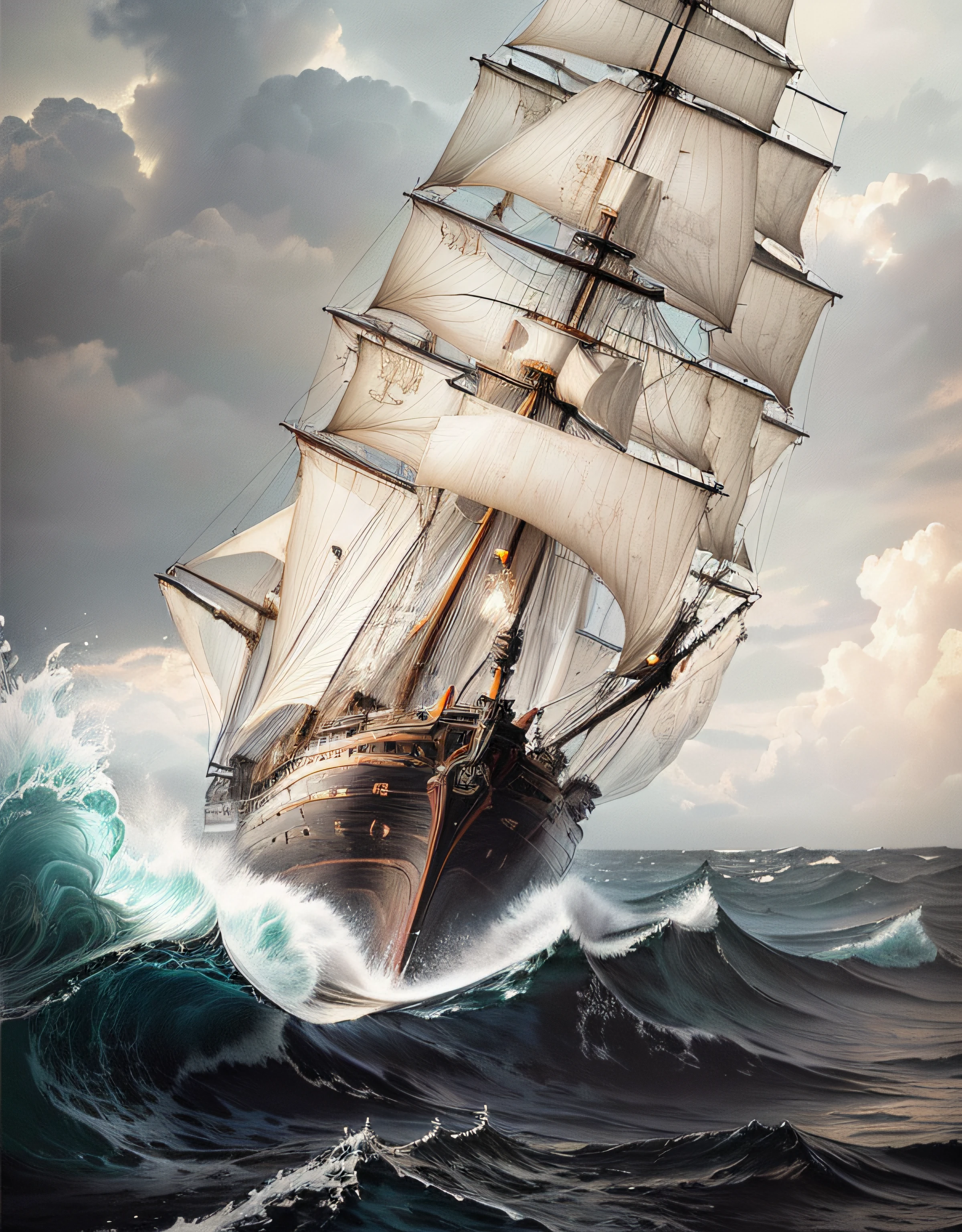 photorealistic 8k beautiful intricate illustration of a tall ship in rough water with a cloudy sky, ship at sea,