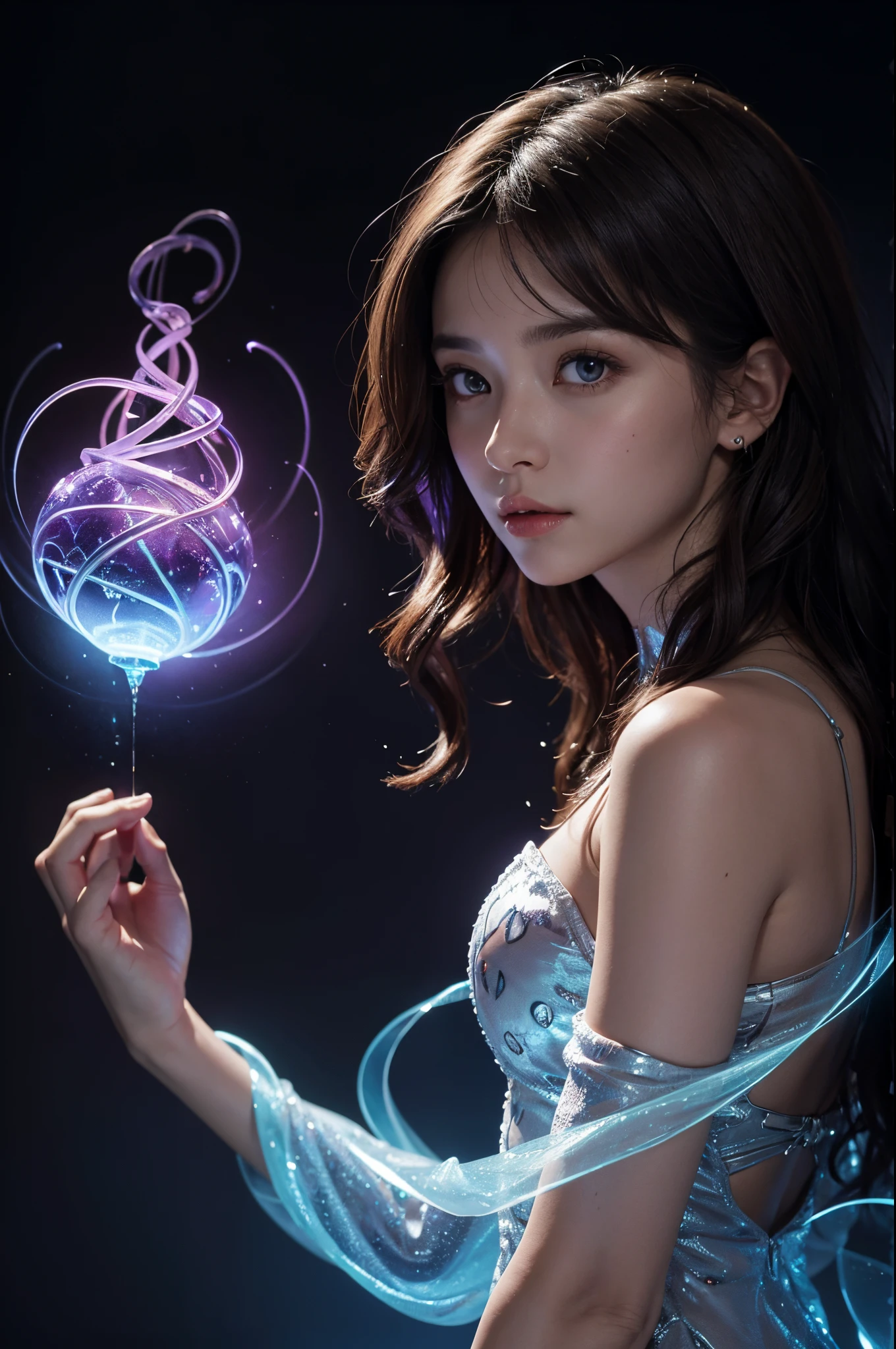 fractal, (ambientlighting:1.2), (Volumetriclighting:1.2), (finely detailled:1.1), realisticlying, depth of fields,
1 girl, Adult Ukrainian woman, With gray eyes, medium brown wavy hair,
Focus on character, Alone, (Style swirl magic:0.8), Alone, From the side Side, Side view, half shot, 详细的脸,webbedtech theme solar magician,(glowing light eyes:1.1),(fearless courage,:1.05),perched on a ledge,mantle,Harnessing ethereal energy lines,Mind-fusion devices that enhance cognitive abilities,(Simple purple background:1.0),