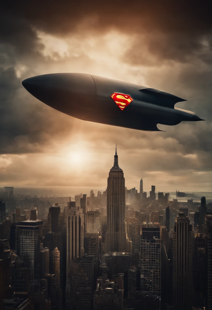Superman lifts and flies a very huge nuclear missile that reaches the atmosphere above New York..、Correct the trajectory of the missile、expel into space。