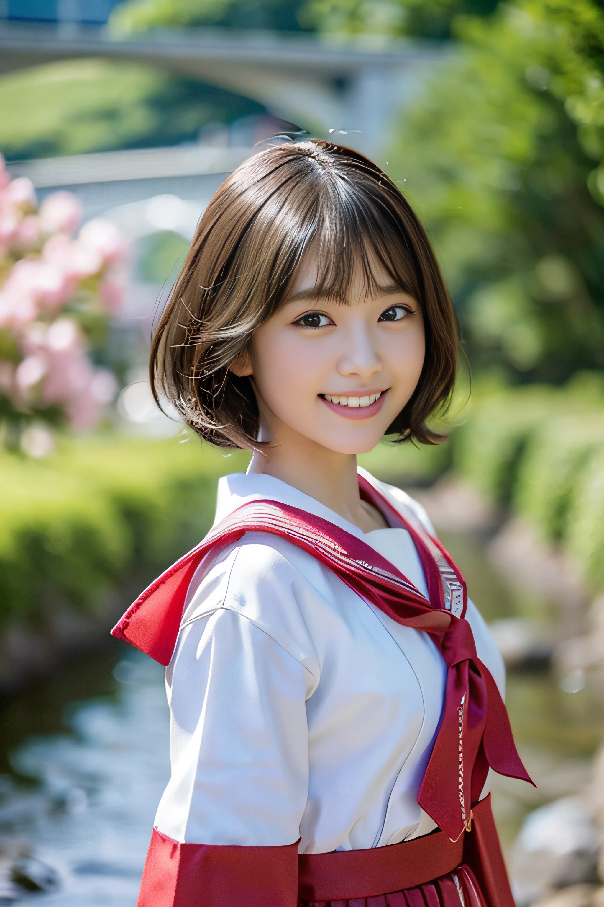 (8K、Raw photography、top-quality、masterpiece:1.2)、(realisitic、Photorealsitic:1.37)、ultra-detailliert、超A high resolution、女の子1人、see the beholder、beautifull detailed face、A smile、Constriction、(Slim waist) :1.3)、Beautiful detailed skin、Skin Texture、Floating hair、Professional Lighting、Whole human body、a blond、japanese hight school uniform、a sailor suit、matriculation、short-cut、Bob Hair、E-cup、Happy smile、sixteen years old、Red ribbons、a baby face、Childish smile、Suppin、Moisturizing lips、Pale pink lips Tanigawa、mont、a river