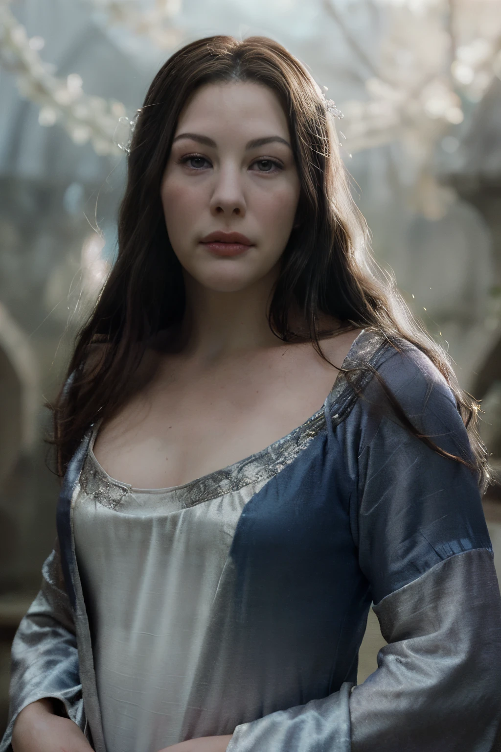 Liv Tyler, portrait of a beautiful young woman, photorealistic masterpiece, beautiful detailed eyes, fiery halo, the Virgin Mary, blue billowing robe, Arwen