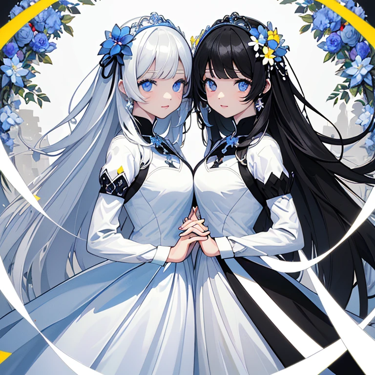 ((masterpiece、top-quality:1.5、a high chroma:1.5、ultra-detailliert、high-resolution illustrations:1.5、Ultra-high-definition CG、8k size wallpaper、offcial art))、(2girls、Twin sisters),(),(cute face:1.5)、(clear face:1.3),(Shining eyes:1.5)
((black-only color scheme:1.5)), ((white-only color scheme:1.5)),(sexy body),(One is only black and the other is only white),(princess dress),(), ((medium breasts))、
,(The background is a triple structure of bright colors, blue flowers, red flowers and yellow flowers,)、