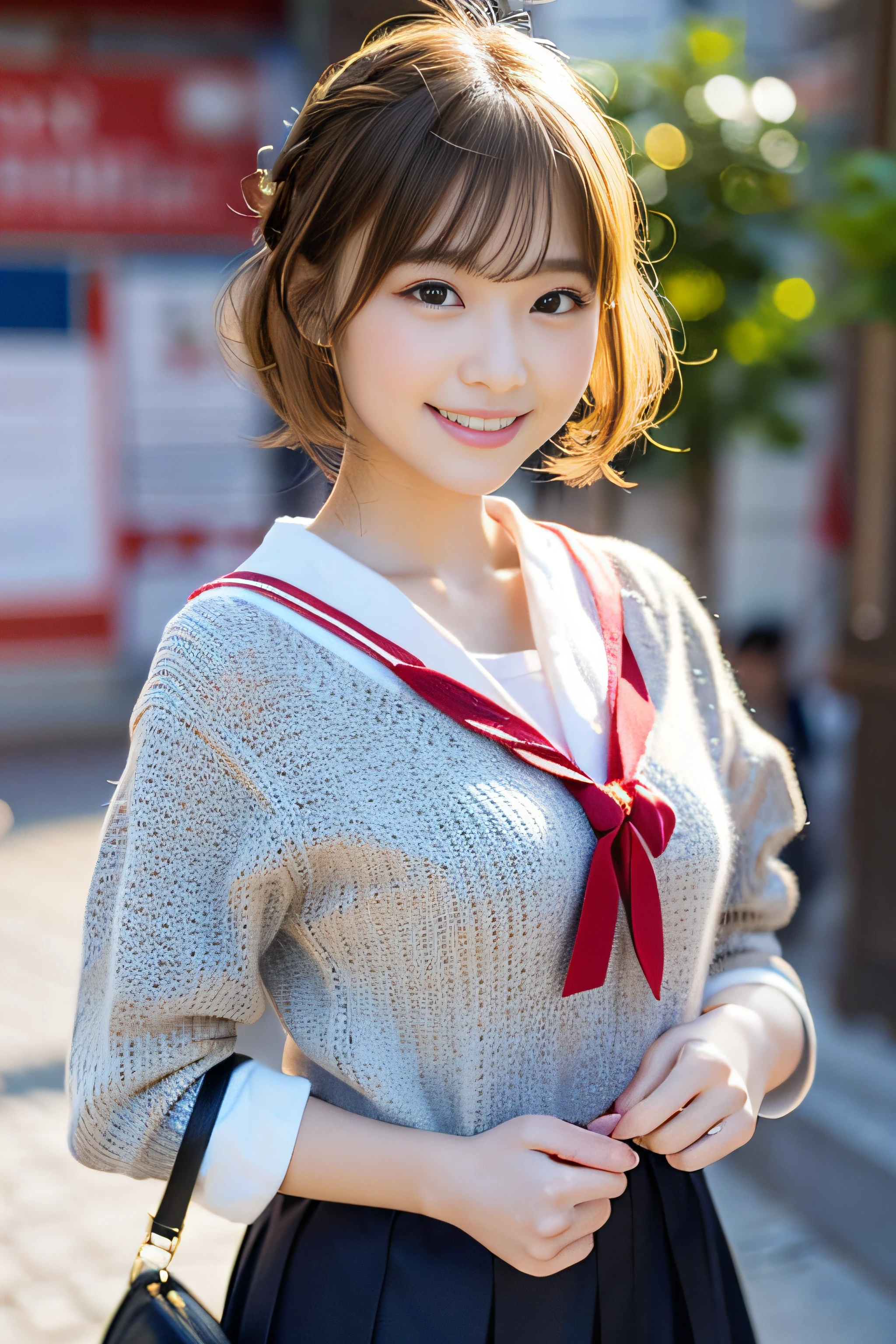 (8K、Raw photography、top-quality、masterpiece:1.2)、(realisitic、Photorealsitic:1.37)、ultra-detailliert、超A high resolution、女の子1人、see the beholder、beautifull detailed face、A smile、Constriction、(Slim waist) :1.3)、Beautiful detailed skin、Skin Texture、Floating hair、Professional Lighting、Whole human body、a blond、japanese hight school uniform、a sailor suit、matriculation、short-cut、Bob Hair、E-cup、Happy smile、sixteen years old、Red ribbons、a baby face、Childish smile、Suppin、Moisturizing lips、Thin pink lips、Braided hairstyle、rock band