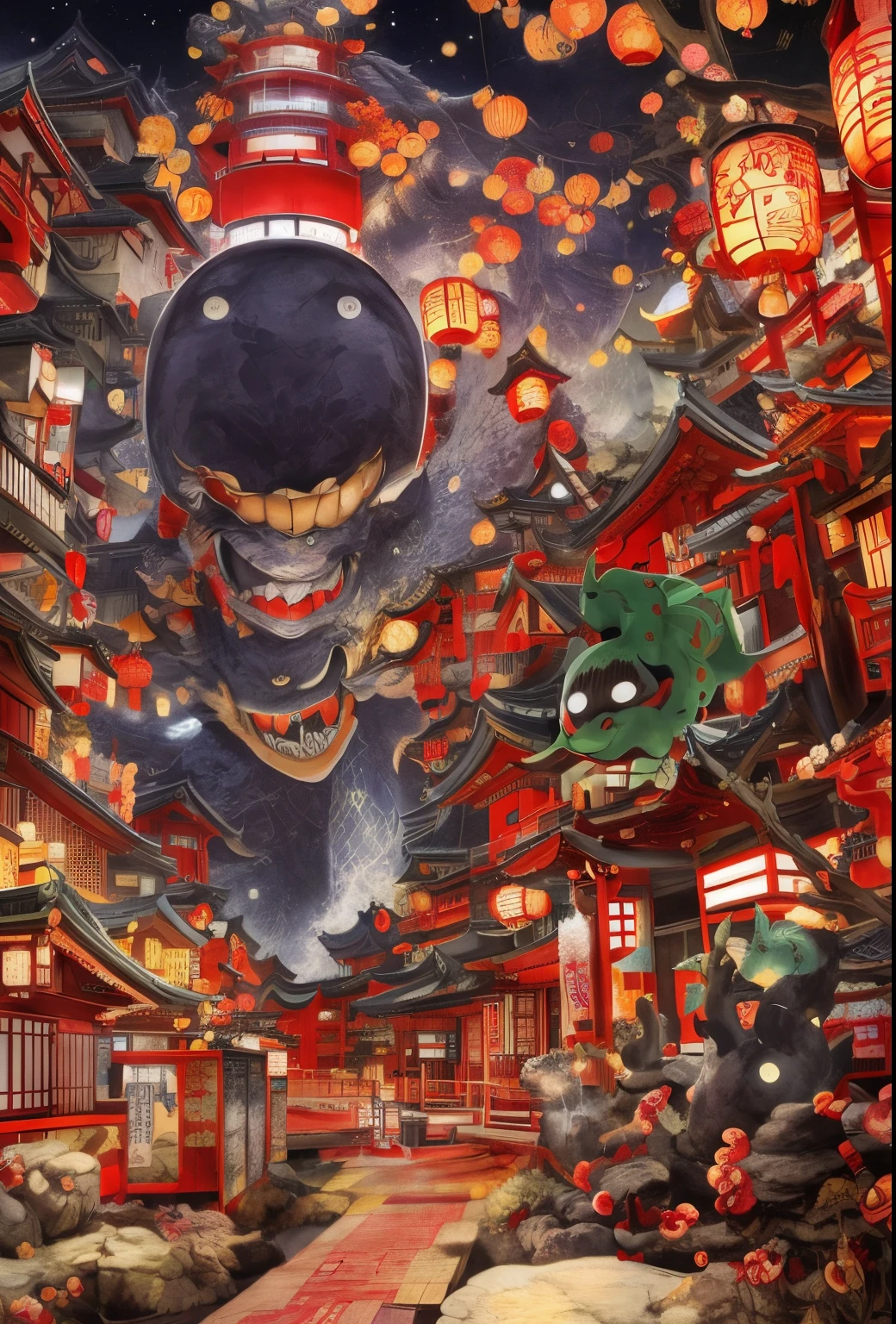 Anime-style painting of a Japanese city with a giant dragon, traditional japanese concept art, The atmosphere of Chihiro's Spirited Away, colorful kitsune city, high detailed official artwork, Studio Ghibli and Dan Mumford, Spirited Away, Detailed anime artwork, inspired by Uragami Gyokudō, official artwork, japanese cartoon style, official anime artwork, Tokyo Anime Scene, anime epic artwork