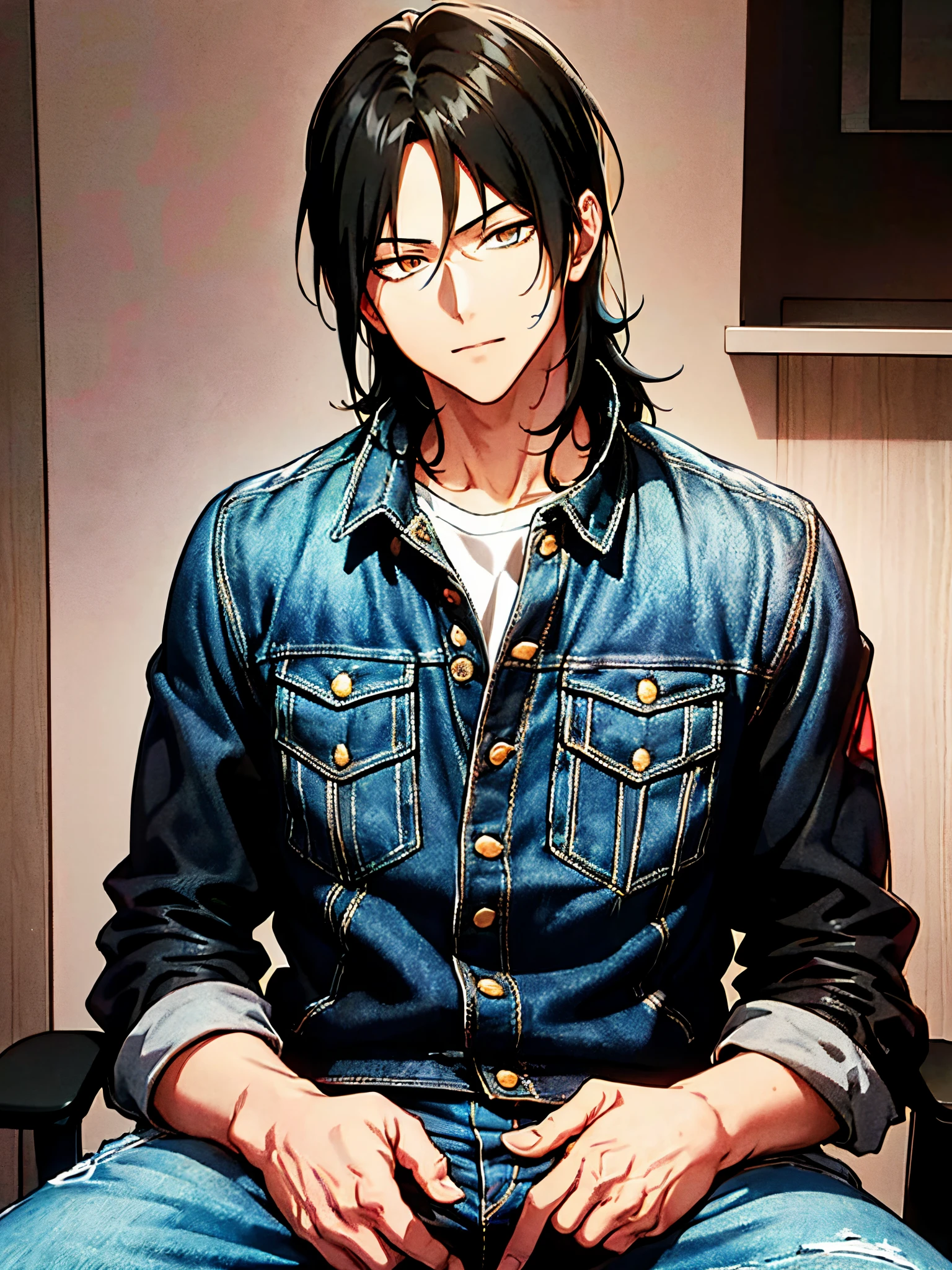 Handsome guy, levi ackerman eyes, cat eyelids shape, black hair, mullet x wolf cut hairstyle, wearing a denim jacket, gaming room background, neon room, sitting on gaming chair, full body.