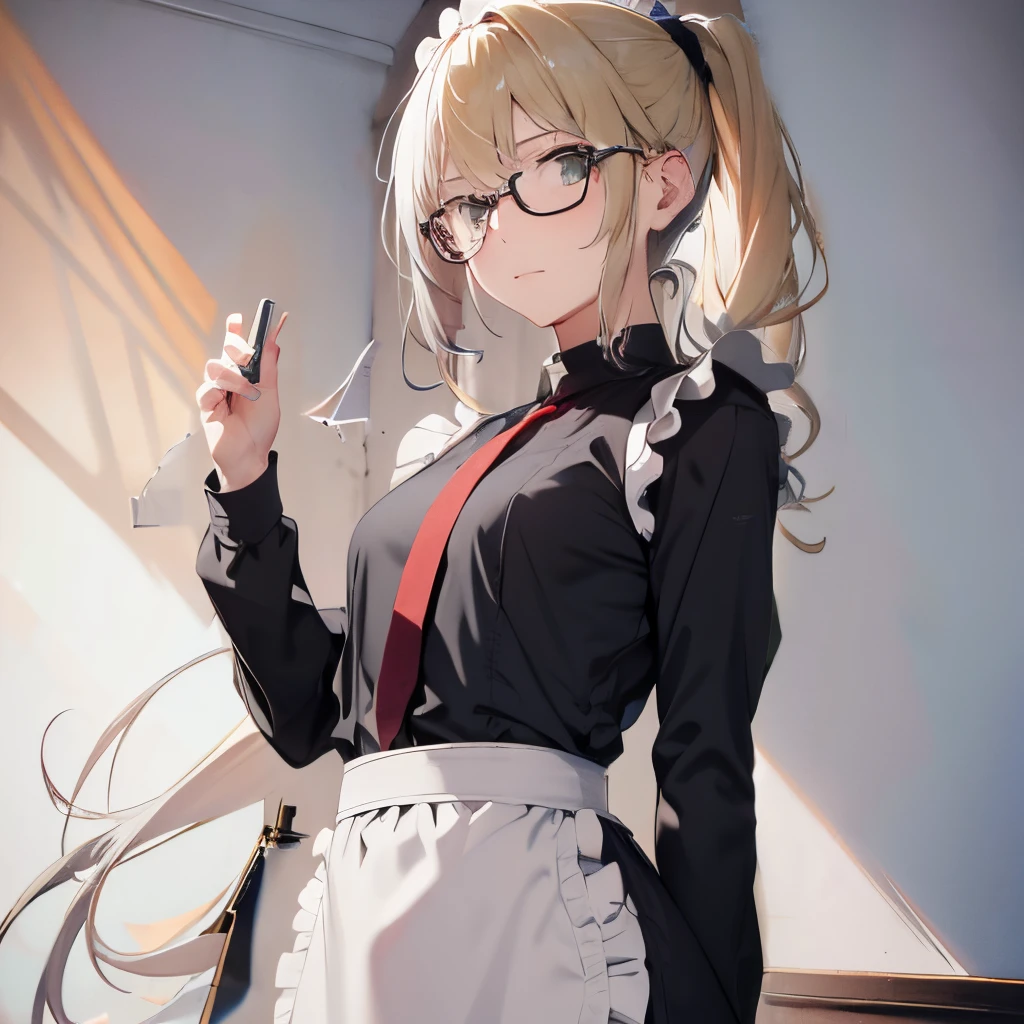 Best Quality、Very cute、put on glasses、Black knee-high socks up to the thighs、Kamimei、Smile with eyes closed、Bun hair、Standing picture、、Golden hair、maid clothes 、Black knee-high socks、s girl、Spread your hands、tilt the neck、I want to blush、Staring at this、outside of house、snowflakes falling、X-shaped hair ornament on the head、Draw up to the knee、Snow outside