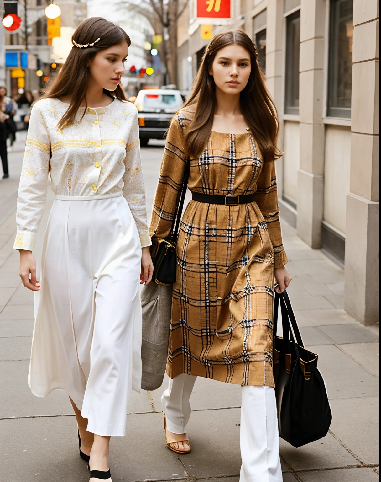 high fashion, hyperrealistic, dress,material with a traditional pattern for the 70s or with drawings in the spirit of the works of artists of that time: at the same time, clothing models can both refer to the 70s and be quite modern
