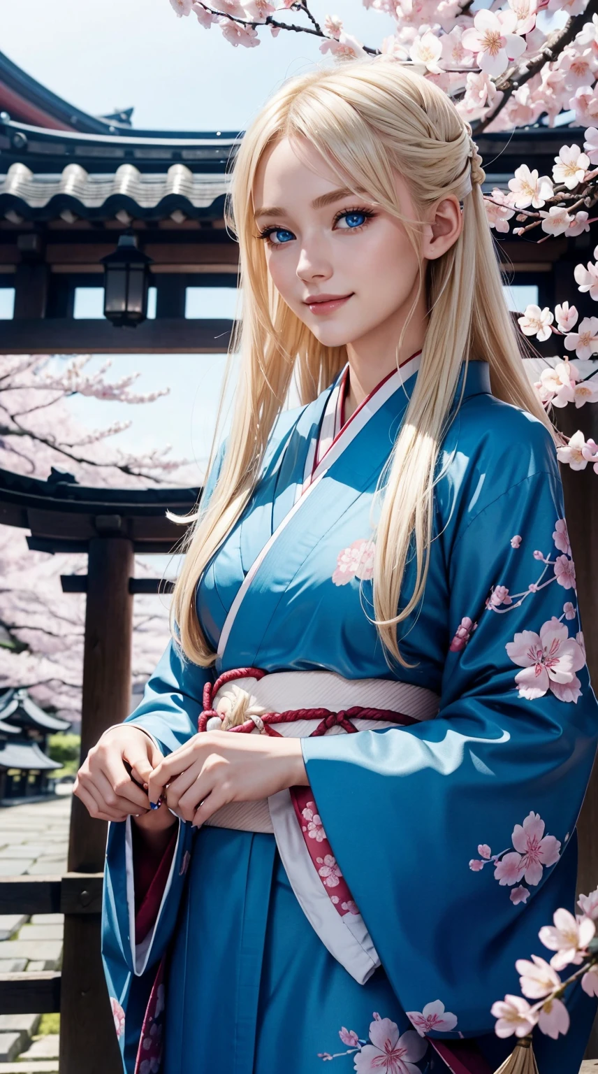 25-year-old Caucasian woman、platinum-blonde、blue eyess、Semi-long、tying up hair、a smile、I don&#39;t want my head to disappear from the screen.、Tying hair、wearing a kimono with a cherry blossom pattern、standing in Kyoto、holding an open fan