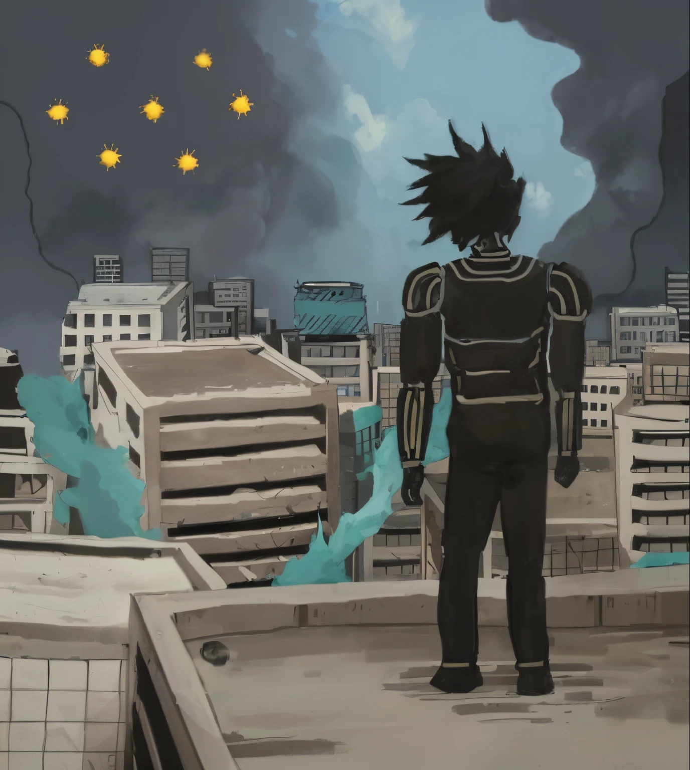 Imagen de un androide de color negro sobre un edificio, in the background destroyed buildings and in the distance robots flying towards it.