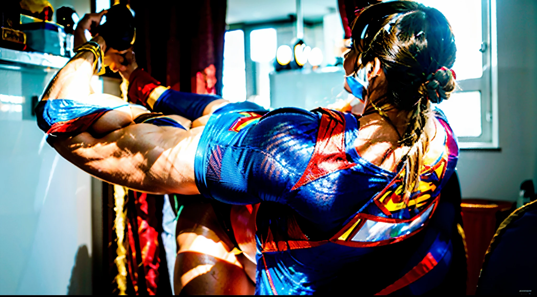 sunnyrayyxo, bodybuilding beautiful, curvy-muscular, custom bodypaint painted clothes,fake clothes,form fitting, attire bodypaint, (((Super-girl bodypaint, tattoo))) heroin, nude full body shot, bodypaint cosplay, (8k, RAW photo, masterpiece), (best quality, highly detailed, vibrant colors) blurry background