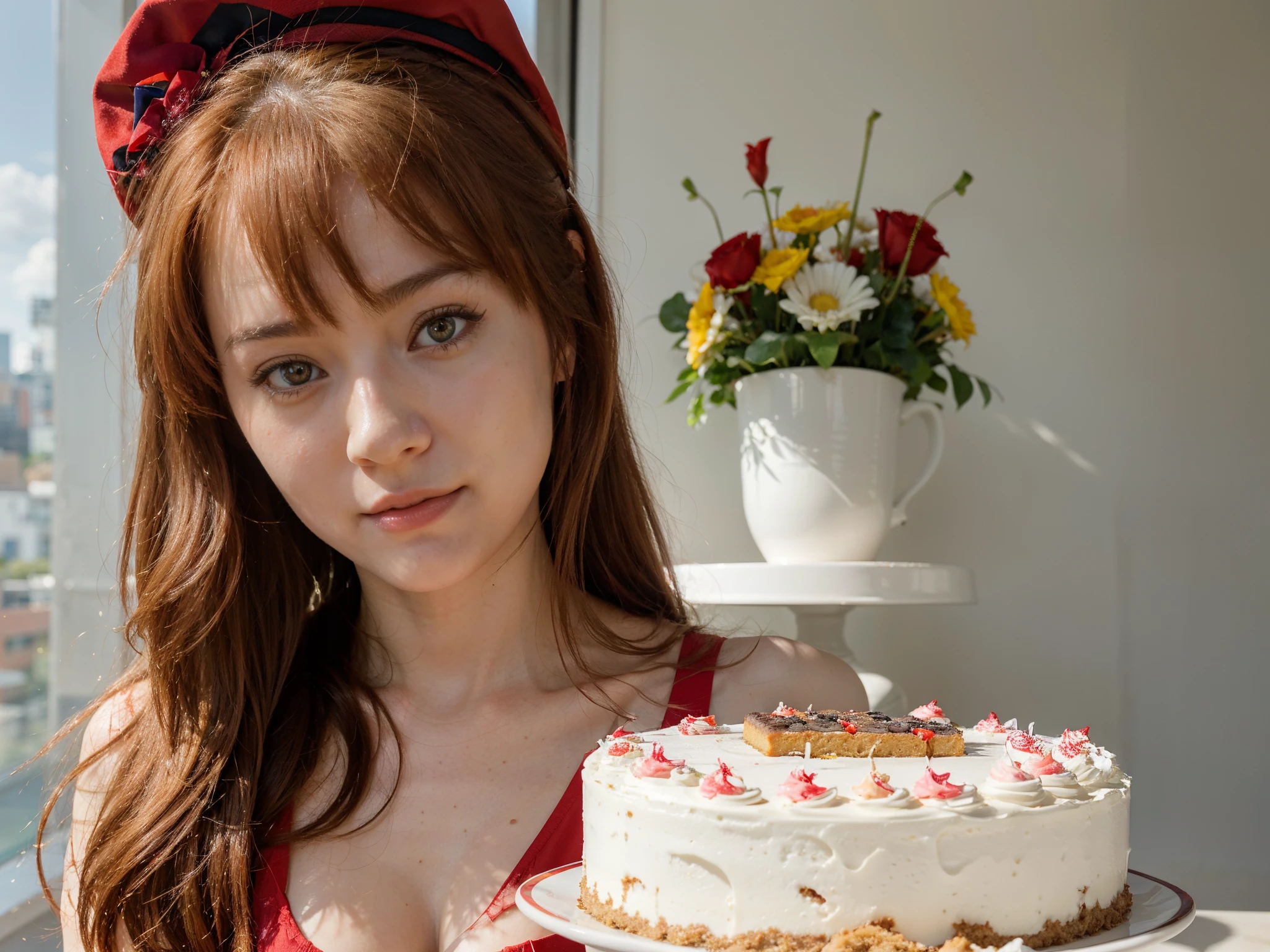 portrait of asuka langley soryu, asuka langley soryu, asuka langley sohryu, asuka langley, asuka langley souryuu, asuka, pretty beautiful gorgeus mixed german babe face, cute outfit, birthday hat, eating cake, pretty happy, lovely