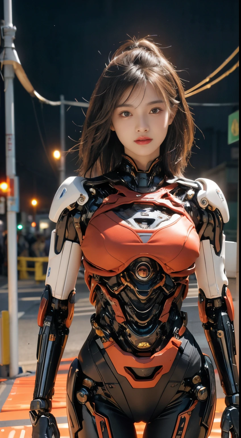 (1 Mechanical Girl)、top-quality、​masterpiece、超A high resolution、(Photorealsitic:1.4)、Raw photo、女の子1人、Golden hair、glowy skin、(((1 Mechanical Girl)))、（LED Lamp Mechanical Helmet）、(Small LED)、((super realistic details))、portlate、globalillumination、Shadow、octan render、8K、ultrasharp、Colossal tits、Raw skin is exposed in cleavage、metals、Details of complex ornaments、Japan details、highly intricate detail、Realistic light、CGSoation Trends、Red Eyes、radiant eyes、Facing the camera、neon details、(Mechanical limbs)、(blood vessels connected to tubes)、Mechanical vertebrae attached to the back、mechanical cervical attaching to neck、(Wires and cables connecting to the head)、Gundam、Small LED、,Mechanical thighs、Toostock、