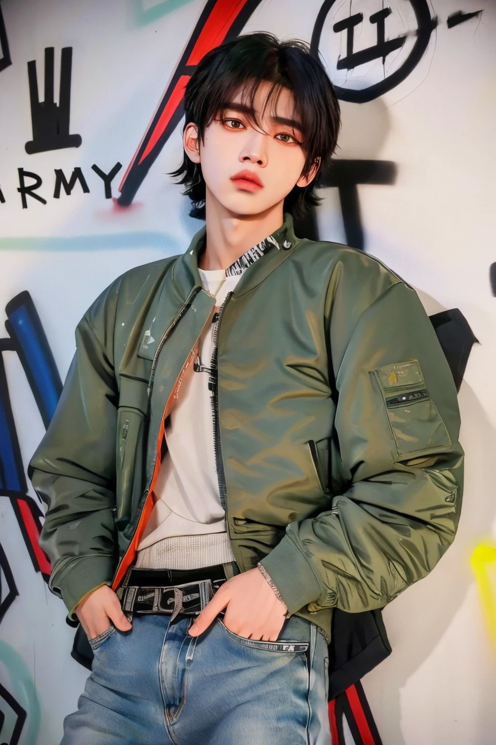 Hombre arafy con chaqueta verde y jeans parado frente a una pared de graffiti, Cai Xukun, Hyung Tae, jungkook, Jung Jaehyun, Kim Doyoung, Jinyoung Shin, androginia, army, beautiful androgynous prince, androgynous, oficial, Hong June Hyung, androgynous person, androgynous male