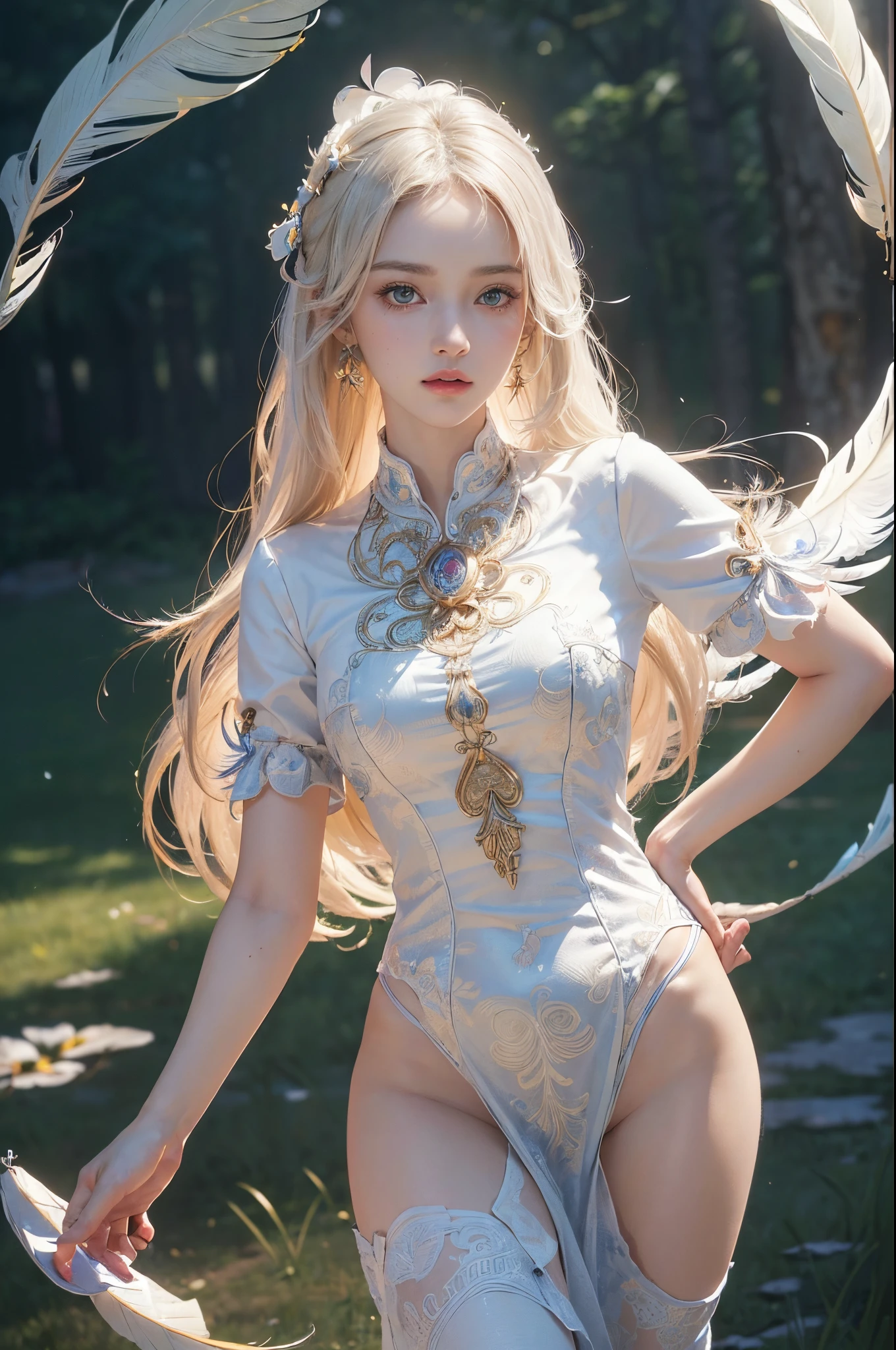 ((masterpiece, best quality)), (((masterpiece, best_quality, highest quality))), (perfect detail, perfect skin:1.2),(highres), original,extremely detailed 8K wallpaper,(an extremely delicate and beautiful),incredibly_absurdres, intricate detail, distinct_image,extremely intricate,(detailed skin:1.3) , best quality:1.2, High definition, intricate details, finely detailed, beautiful detailed, high detailed skin, ((glossy skin)), shiny skin, (white skin:1.3), (pale skin:1.3),(natural light, ray tracing, volumetric light), (top quality), (golden-ratio face, perfect proportioned face, perfectly beautiful:1.3), (reflected diffuse light to face:1.3), (peer proportional face), (peer proportional body, proportional awesome body:1.3), parted lips, ((presenting)), (perfect anatomy, correct limb, correct finger), ((looking at viewer, eye contact)),((eye contact)),(cowboy shot:1.5),(masterpiece, top quality, best quality, photorealistic, official art, beautiful and aesthetic:1.2),(1girl, illustration),extremely detailed,(fractal art:1.1),(colorful:1.1),(flowers:1.3),highest detailed,(zentangle:1.2),(dynamic pose),(abstract background:1.3),(many colors:1.4),(feathers:1.5),(standing, dynamic pose:1.3, dynamic standing:1.3),