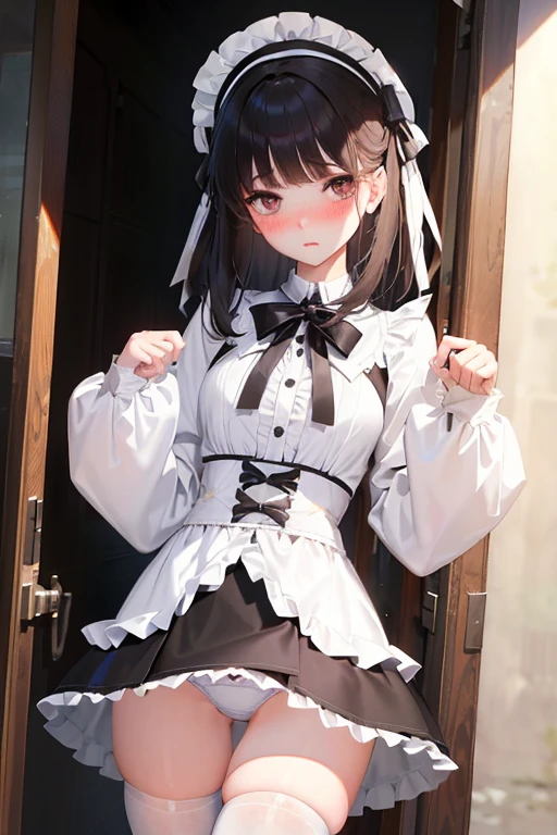 tucking up the skirt、Woman showing underwear in embarrassment、blushed face、White underwear、Panchira,　 Department of Landmines　A dark-haired 、White panties are visible、Sujiman、slit　,Lolita Fashion,