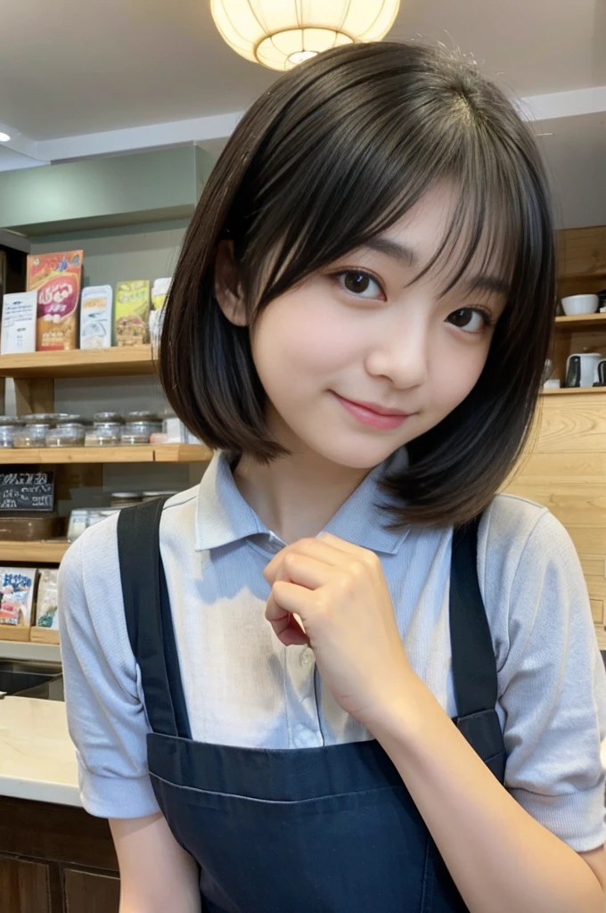 (8K、top-quality、​masterpiece:1.2)、(reallistic、Photorealsitic:1.2)girl working at a coffee shop:1.2)（tea shop）（Inside the store）（Girl in an apron）
Kiss Face,sad Facial expression,embarassed expression,Alafed Girl, chiho, iwakura lain, closeup Iwakura Lain, With short hair, Shiori Teshirogi, Kotegawa Yui, hime-cut, She is , sui ishida with black hair, lain iwakura, girl cute-fine-face, Clear pubic contours,(Small breasts), hight resolution, ighly detailed, top-quality, [​masterpiece:1.6],, ighly detailed, nffsw, finely detail, top-quality, , Cinematographic lighting, 1girl in、17 age、Cute Girls、perfect body type、, Cute droopy eyes、Beautiful big eyes、ultra-detailliert、hight resolution、Transcendent beauty　top-quality、​masterpiece、majicMIX Real、(Raw photography:1.2)、(Photorealsitic:1.4)、Pose Seductive　Half-smile　Negative Prompt