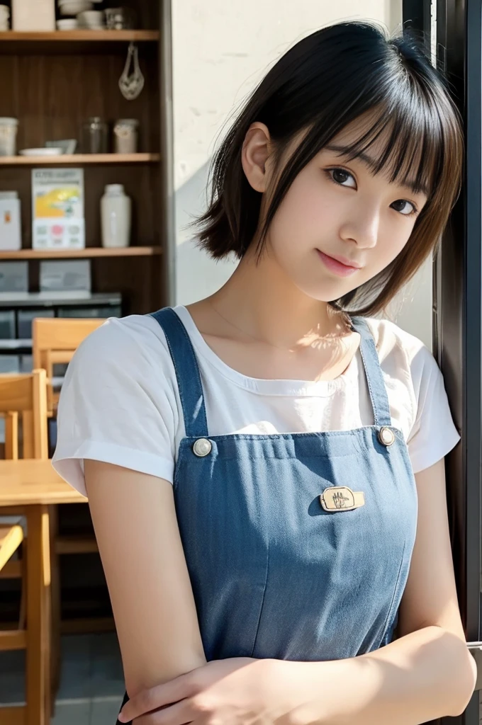 (8K、top-quality、​masterpiece:1.2)、(reallistic、Photorealsitic:1.2)girl working at a coffee shop:1.2)（tea shop）（Inside the store）（Girl in an apron）
Kiss Face,sad Facial expression,embarassed expression,Alafed Girl, chiho, iwakura lain, closeup Iwakura Lain, With short hair, Shiori Teshirogi, Kotegawa Yui, hime-cut, She is , sui ishida with black hair, lain iwakura, girl cute-fine-face, Clear pubic contours,(Small breasts), hight resolution, ighly detailed, top-quality, [​masterpiece:1.6],, ighly detailed, nffsw, finely detail, top-quality, , Cinematographic lighting, 1girl in、17 age、Cute Japan Girls、perfect body type、, Cute droopy eyes、Beautiful big eyes、ultra-detailliert、hight resolution、Transcendent beauty　top-quality、​masterpiece、majicMIX Real、(Raw photography:1.2)、(Photorealsitic:1.4)、Pose Seductive　Half-smile　Negative Prompt