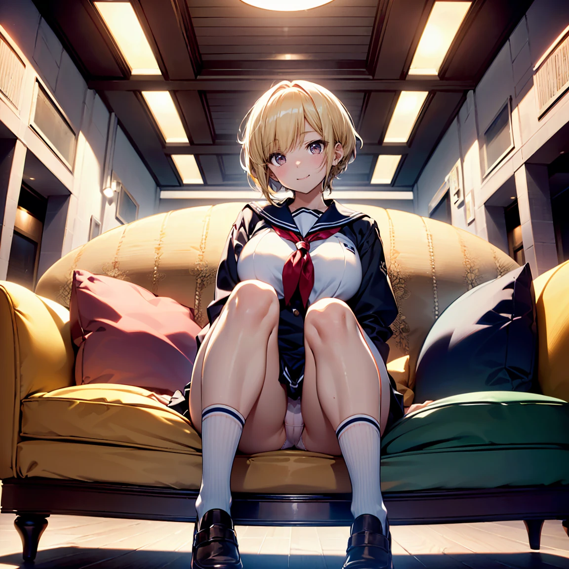 (top-quality,High resolution,(Ultra high definition,4K), (超A high resolution,in 8K),masutepiece:1.2), (Perfect Anatomy,Anatomically accurate), (Angle from below), (Soft lighting, 光线追踪), (1 Cute High School Girl), ((Sitting on a sofa in the lobby of a luxury hotel and opening your legs)), (Girls' High School Sailor Uniform), (Red lace panties), (fascinated expression), (Crisp double eyelids), (Large breasts:1.3), (Soft skin), (Photorealistic), (Glowing skin), (blondehair), (Pixie Cut)