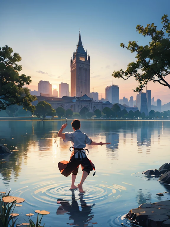 illustration，夏天，A boy is practicing martial arts by the lake under the reflection of the tower on the lake
