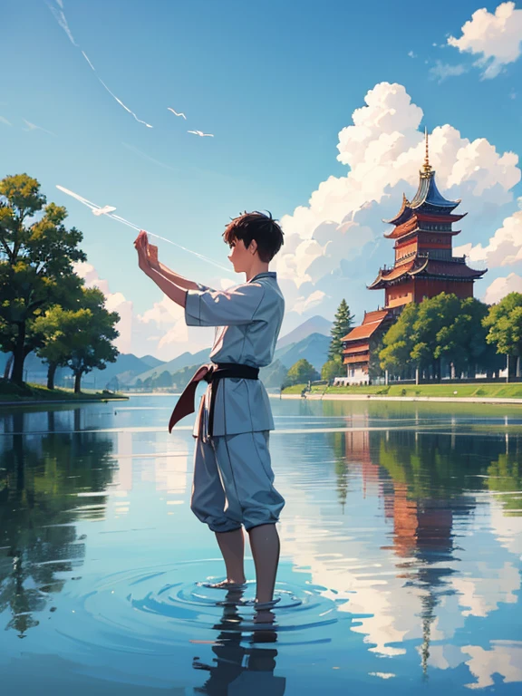 illustration,夏天,A boy is practicing martial arts by the lake under the reflection of the tower on the lake