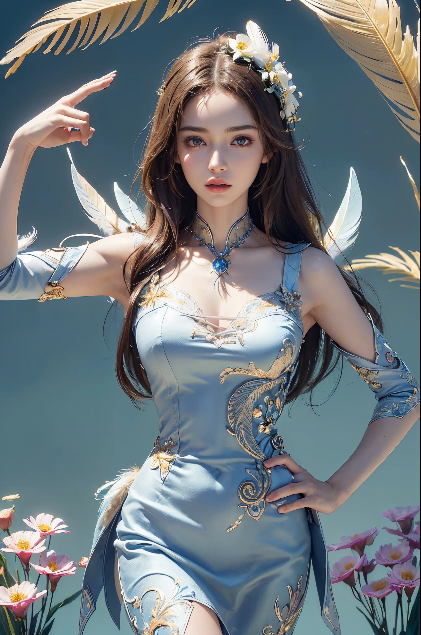 ((masterpiece, best quality)), (((masterpiece, best_quality, highest quality))), (perfect detail, perfect skin:1.2),(highres), original,extremely detailed 8K wallpaper,(an extremely delicate and beautiful),incredibly_absurdres, intricate detail, distinct_image,extremely intricate,(detailed skin:1.3) , best quality:1.2, High definition, intricate details, finely detailed, beautiful detailed, high detailed skin, ((glossy skin)), shiny skin, (white skin:1.3), (pale skin:1.3),(natural light, ray tracing, volumetric light), (top quality), (golden-ratio face, perfect proportioned face, perfectly beautiful:1.3), (reflected diffuse light to face:1.3), (peer proportional face), (peer proportional body, proportional awesome body:1.3), parted lips, ((presenting)), (perfect anatomy, correct limb, correct finger), ((looking at viewer, eye contact)),((eye contact)),(cowboy shot:1.5),(masterpiece, top quality, best quality, photorealistic, official art, beautiful and aesthetic:1.2),(1girl, illustration),extremely detailed,(fractal art:1.1),(colorful:1.1),(flowers:1.3),highest detailed,(zentangle:1.2),(dynamic pose),(abstract background:1.3),(many colors:1.4),(feathers:1.5),(standing, dynamic pose:1.3, dynamic standing:1.3),