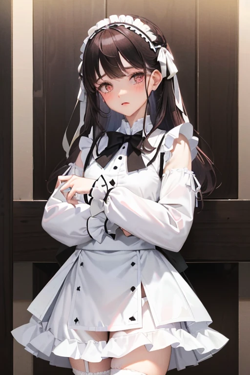 tucking up the skirt、Woman showing underwear in embarrassment、blushed face、White underwear、Panchira, A dark-haired 、White panties are visible、Sujiman、slit ,Mine style ta fashion,Ahe-face,Iki face,black and white and pink clothes