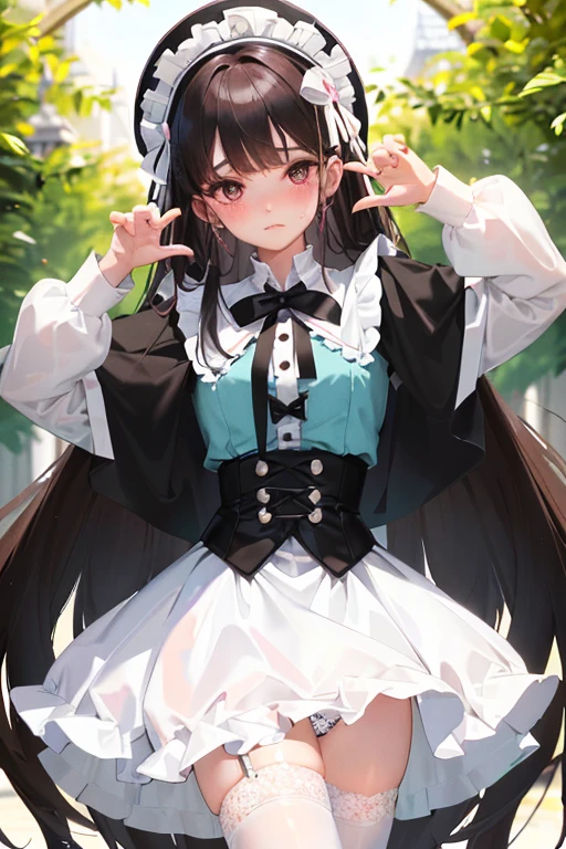 tucking up the skirt、Woman showing underwear in embarrassment、blushed face、White underwear、Panchira, A dark-haired 、White panties are visible、Sujiman、slit ,Mine style ta fashion,Ahe-face,Iki face,black and white and pink clothes