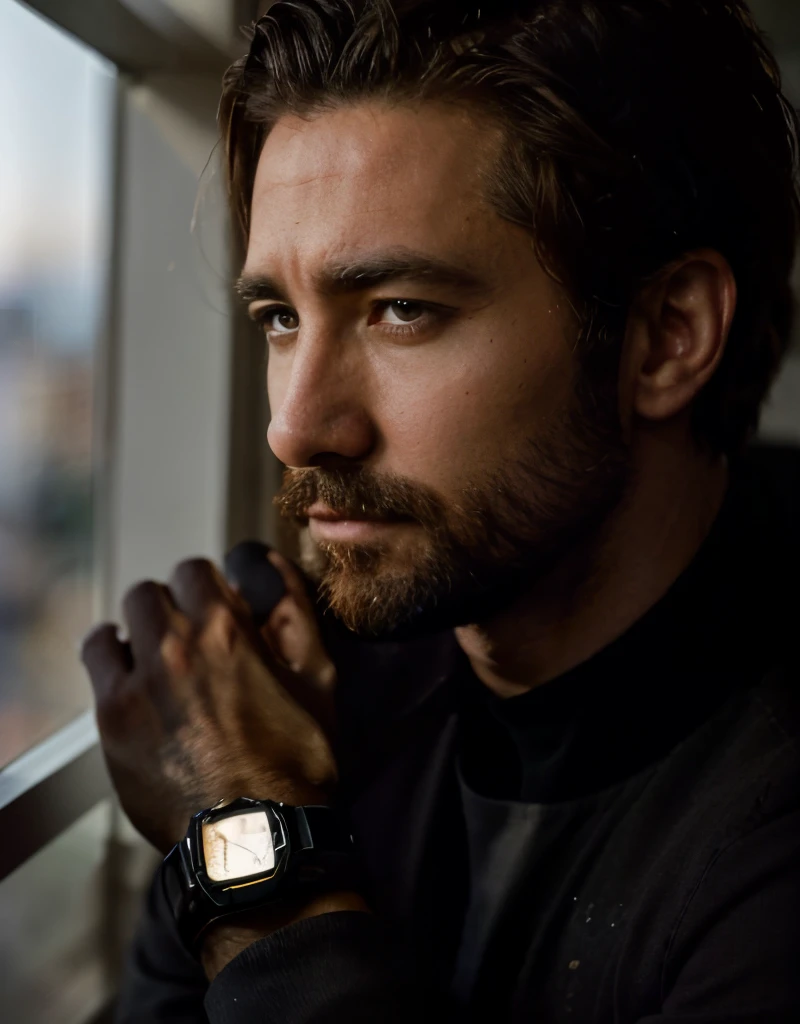 arafed man with a beard and a watch on his wrist, jake gyllenhaal, antony starr, intense smoldering, with a beard and a black jacket, for gq, seiko, john krasinski, instagram post, charlie cox, with a beard and a black shirt, hugh jackman portrait, handsome man, sharp jawline with a light beard, looking side, natural light from window
