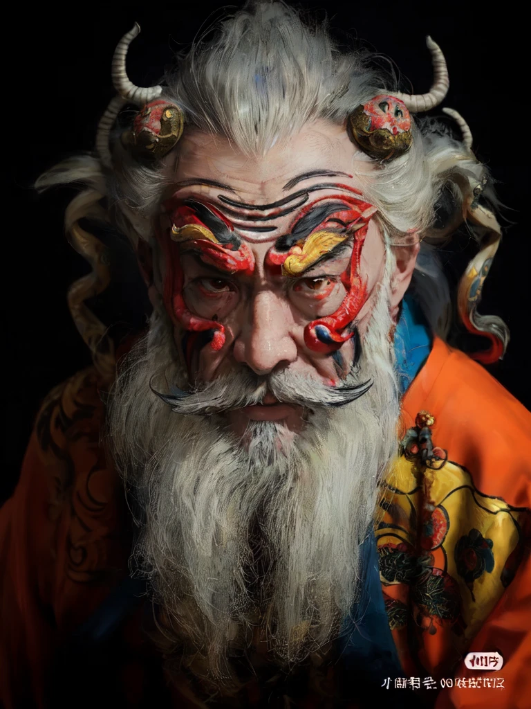 with a long beard、with a goatee、Arafad man wearing mask, Inspired by Hu Zaobin, inspired by Wu Daozi, chinese artist, Inspired by Chunguang Zhaibeizhou, Tengu mask, kabuki makeup, classic kabuki, Portrait shooting, oriental face, Inspired by algae, inspired by Xie Huan,Close-up of a man with white beard and white face, hyper-detailed fantasy character, Inspired by Hu Zaobin, zbrush central selection, inspired by Wu Daozi, asura from chinese myth, Trending on zbrush Central, Zbrush art, ZBrush Central Competition Champion, Tengu mask, Qi Gong, japanese god