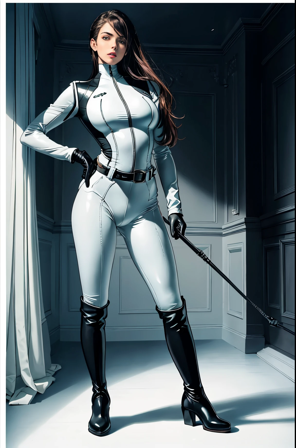 (highest resolution, distinct_image) best quality, a woman, solo, masterpiece, highly detailed, semi realistic, brown hair, bangs, 23 years old, (large breasts:0.5),mature, young, tall strong,(plain and simple uniform),( plain minimalist military uniform),(luxury hotel room background:1.2), cold, serious, tall, handsome, autocratic, powerful, demi-god, exquisite facial features, exquisite facial features, (full body)(black knee-high boots:1.4)(dominatrix:1)(white Yoga pants:1.3),(black leather gloves:1.5)(black active sportswear shirt),(samus),solo,1girl,(looking at viewer),(from below:1.1)(head turned upwards:0.3)(smiling:0.4)(bodysuit:0.1)(holding riding crop:1.2)(muscular:0.85),(black belt:1.3), (shirt tucked in pants),(standing on ground), (marble floor)(mean:0.4)(seductive:0.5)(evil:0.6),detailed,(tall face:0.25)(abs:0.6)(slender:0.5)(bdsm), (Pale eyes)