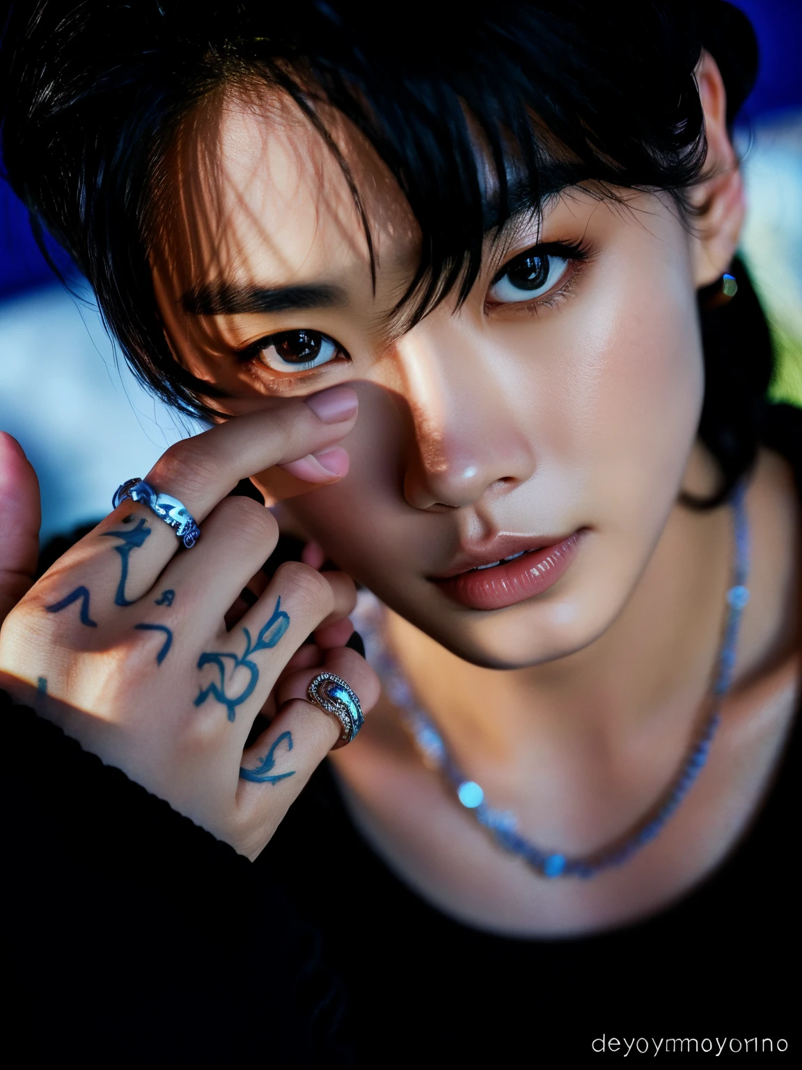 Arafed asian woman with tattoos on her hands and a ring on her finger, Cai Xukun, jungkook, Kim Doyoung, Jinyoung Shin, Hyung Tae, Aesthetics of Jinyoung Shin, inspirado por Bian Shoumin, Ulzzang masculino, Penetrante ojos claros, Toma de retrato en primer plano, Taejune Kim, penetrantes ojos brillantes, Primer plano - Toma de retrato, Toma de retrato en primer plano