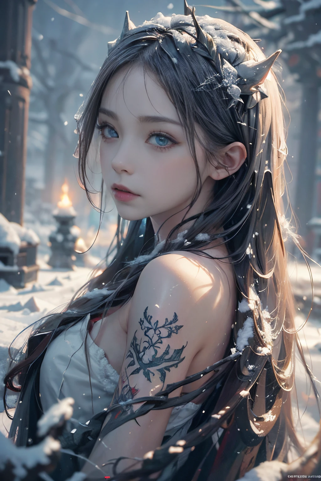 tattoo, (snowstorm, dissolve:1.3), stylish, many details, symmetric, dark fantasy, dark botanical, intricate, imaginative, highly detailed