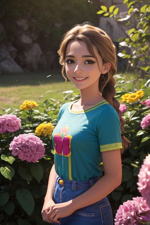 (realista: 1.4), mejor calidad, ultra-high-resolution, 4k ,  Detalles intrincados , Altamente detallado, A 14-year-old girl , very light brown hair with braid , Cabello largo , todo muy detallado , Sonriente  , alto contraste  ,  Background flowers falling behind her , HDR , cinematographic image , senos medianos, viste playera amarilla de manga corta , playera amarilla , falda azul plisada , falda azul , linda sonrisa , maquillaje ,ojos verdes , jardin , fiesta , noche , posando para foto