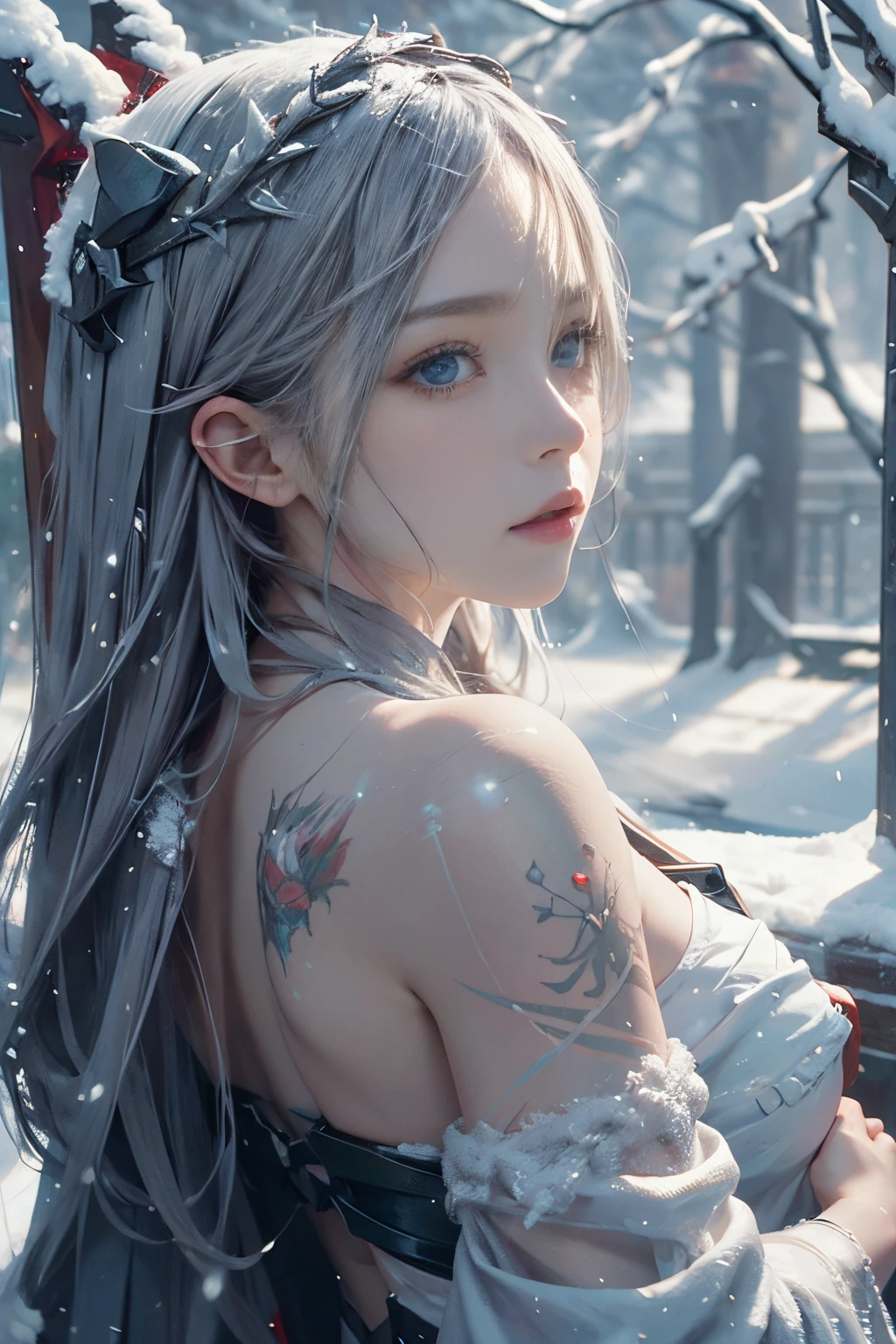 tattoo, (snowstorm, dissolve:1.3), stylish, many details, symmetric, dark fantasy, dark botanical, intricate, imaginative, highly detailed