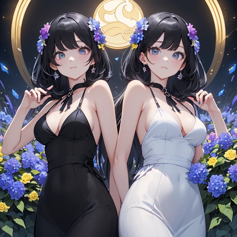 ((masterpiece、top-quality:1.5、a high chroma:1.5、ultra-detailliert、high-resolution illustrations:1.5、Ultra-high-definition CG、8k size wallpaper、offcial art))、(2girls、Twin sisters),(),(cute face:1.5)、(clear face:1.3),(Shining eyes:1.5)
((black-only color schemeドレス:1.5)), ((white-only color schemeドレス:1.5)),(sexy body),(One is only black and the other is only white),(evening gown),(), ((medium breasts))、
,(The background is a triple structure of bright colors, blue flowers, red flowers and yellow flowers,)、