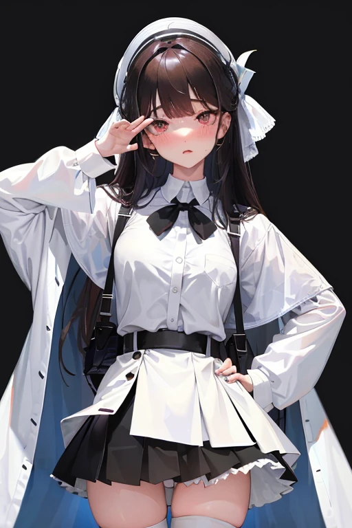 tucking up the skirt、Woman showing underwear in embarrassment、blushed face、White underwear、Panchira, Department of Landmines A dark-haired 、White panties are visible、Sujiman、slit,Ahe-face,Iki face, eyes upward