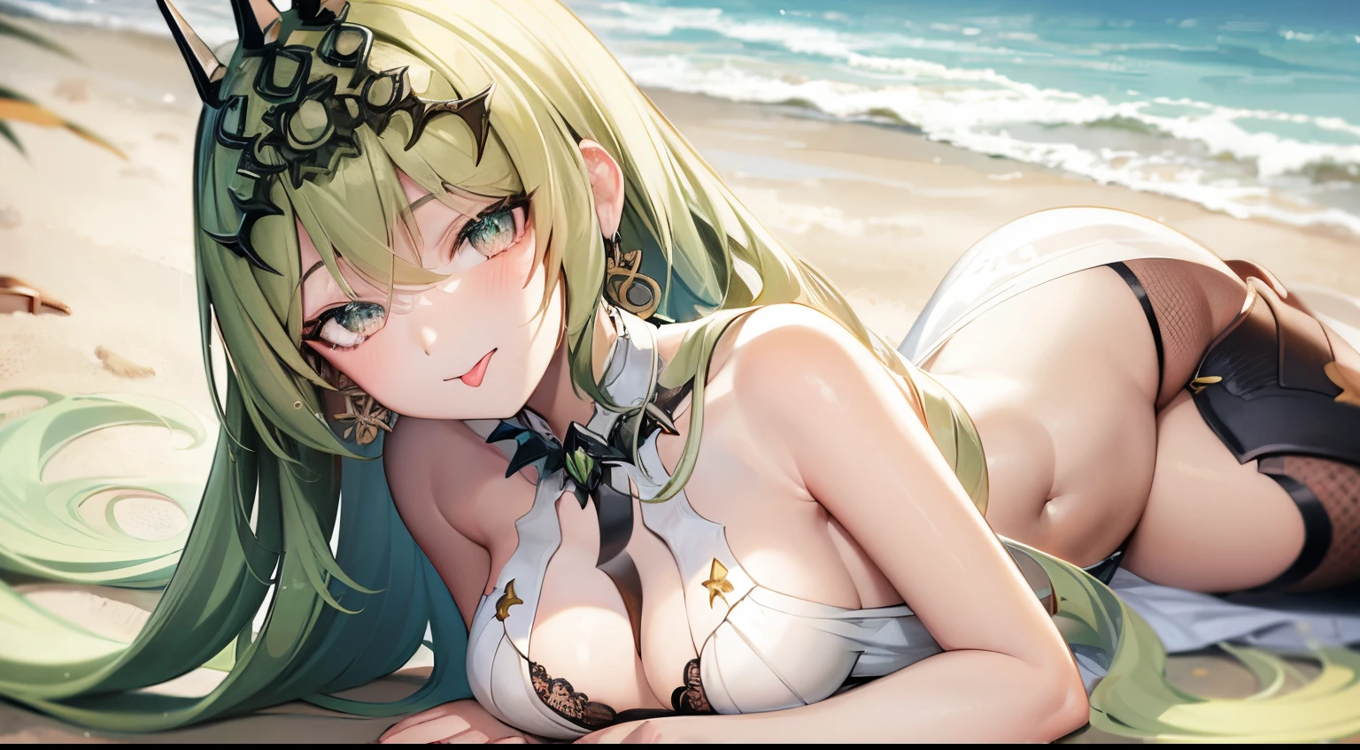 laying down, solo, 1girl, highres, green eyes, green hair, small breasts, looking at viewer, extremely detailed, jewelry, crown, earring, single earring, lace, sundress, shawl, outdoor, beachside, seductive smile, beautiful, HD, tongue, tongue out